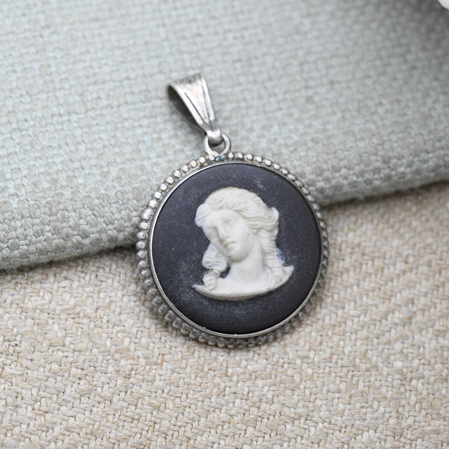 Vintage Wedgwood Sterling Silver Portrait on Black Jasperware Pendant - Circular Classical Cameo | Gift for Her