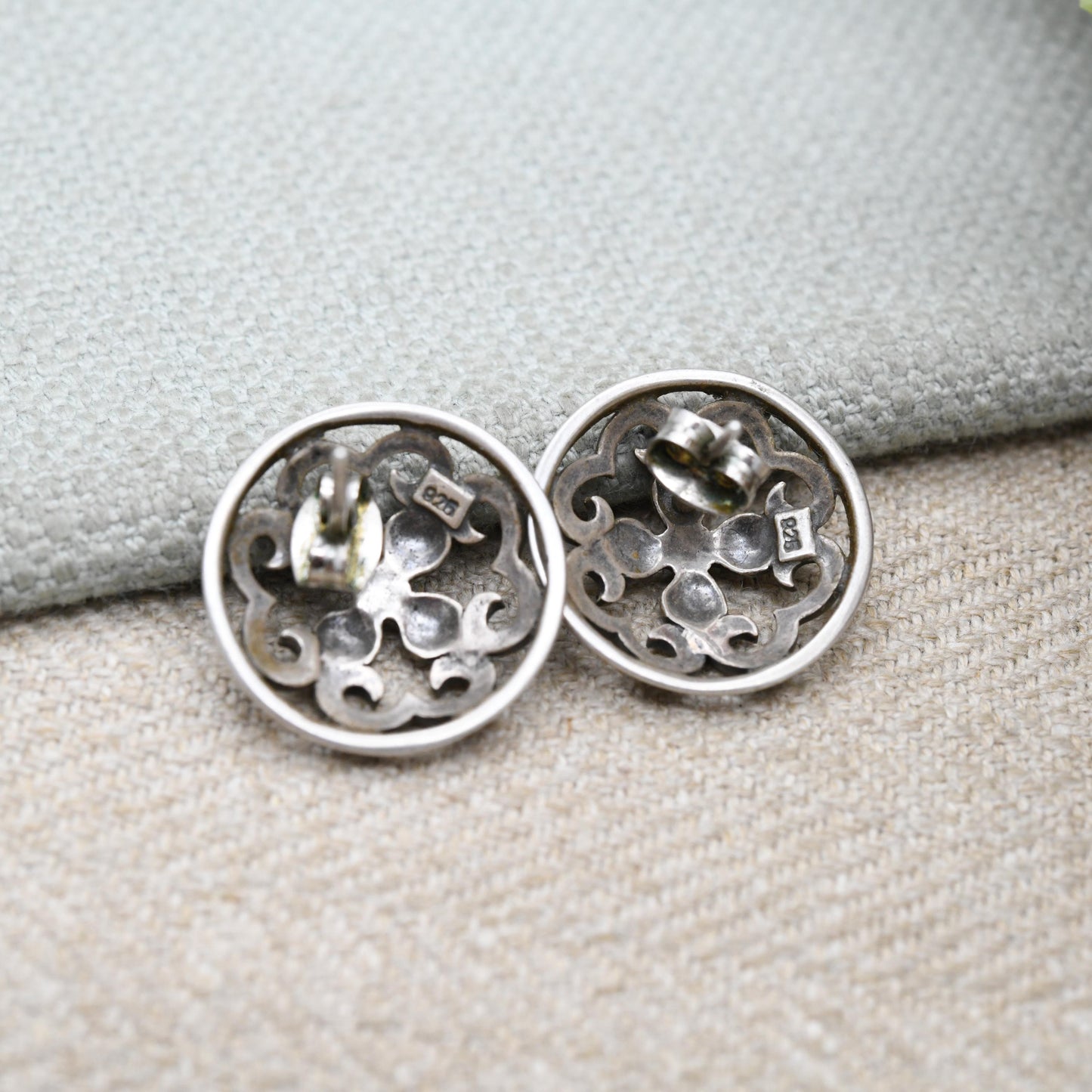 Vintage Sterling Silver Openwork Flower Stud Earrings - Pretty Circle Floral Scrolling Push Back | Minimalist Silver Jewellery Gift for Her