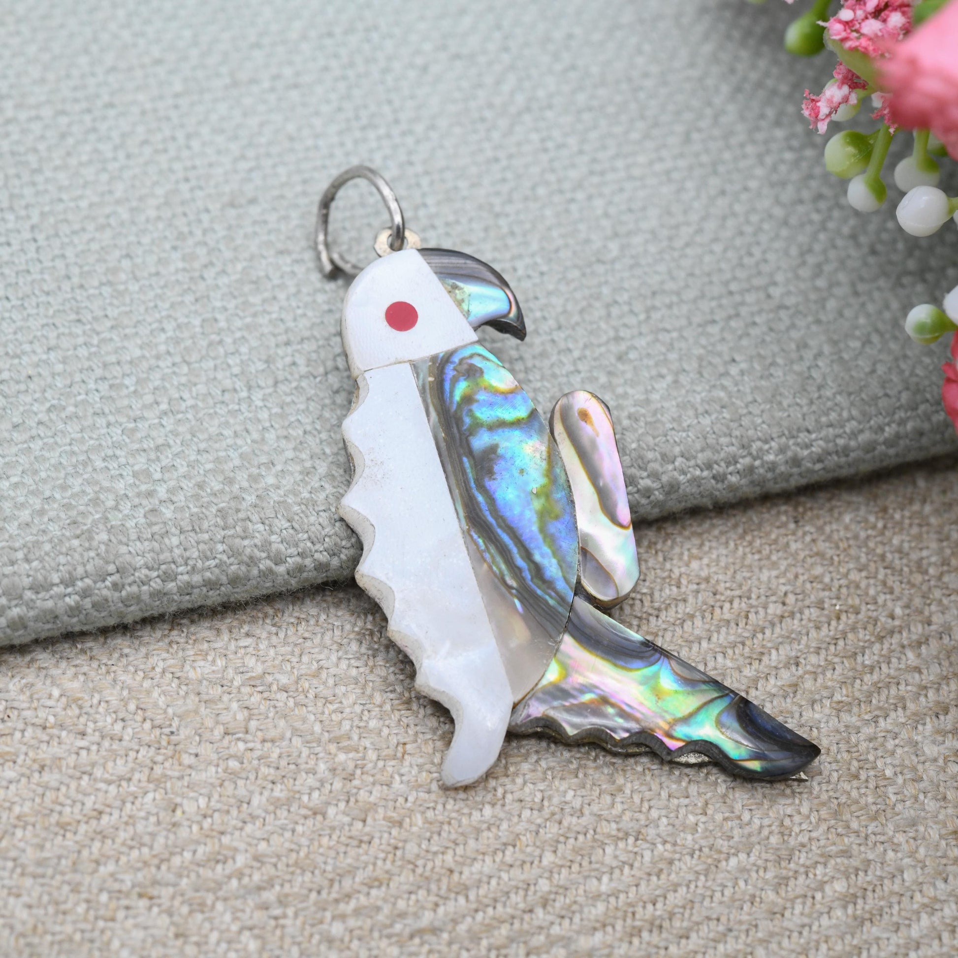 Vintage Mexican Alpaca Parrot Pendant - Abalone Shell Mother of Pearl Gift for Animal Lover | Bird of Paradise | Costume Jewellery