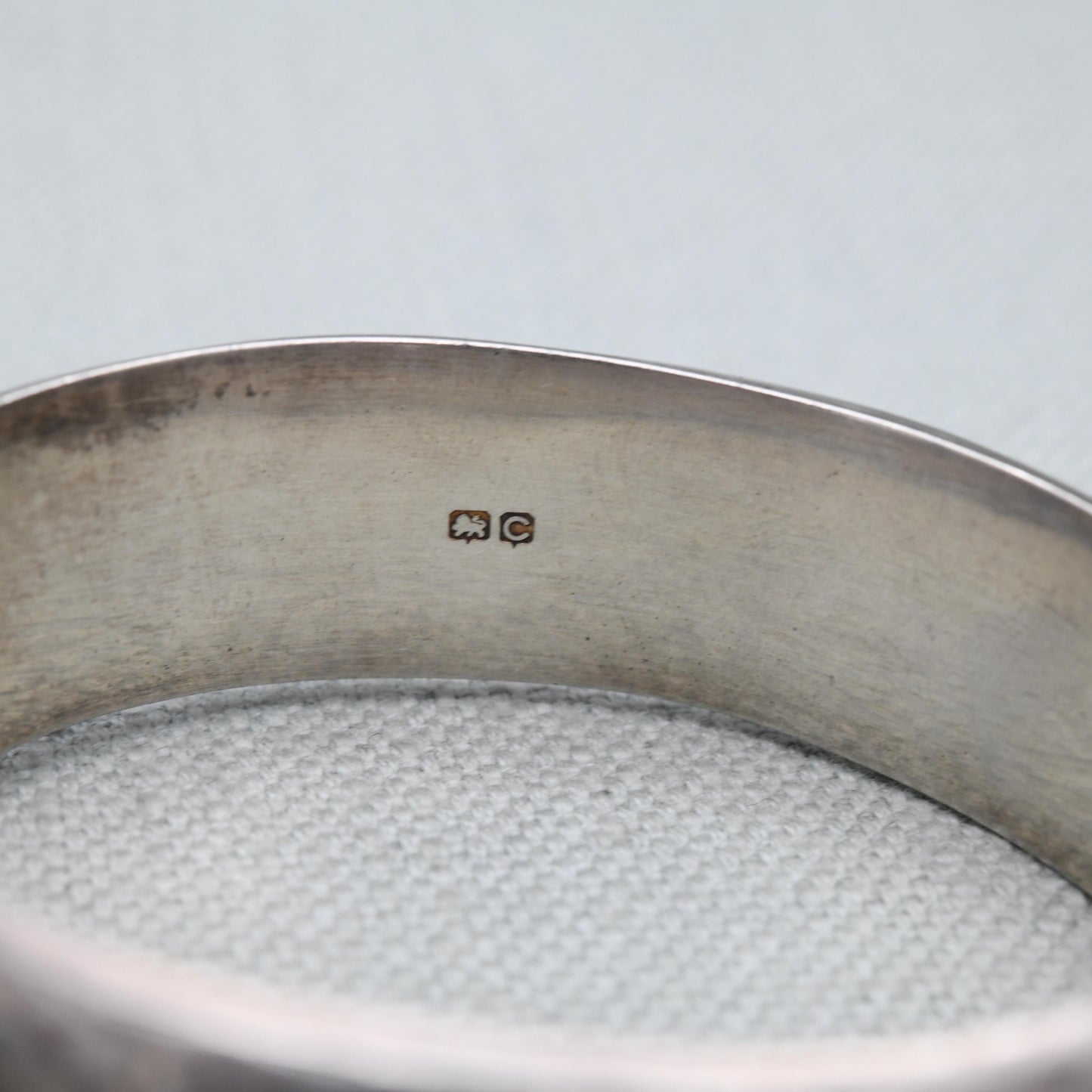 Vintage Sterling Silver Engraved Bangle Bracelet 1953 by Smith & Ewen - Chunky Victorian Aesthetic Scrolling Style with Safety Chain