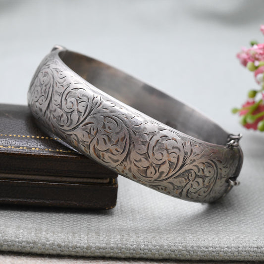 Vintage Sterling Silver Engraved Bangle Bracelet 1953 by Smith & Ewen - Chunky Victorian Aesthetic Scrolling Style with Safety Chain