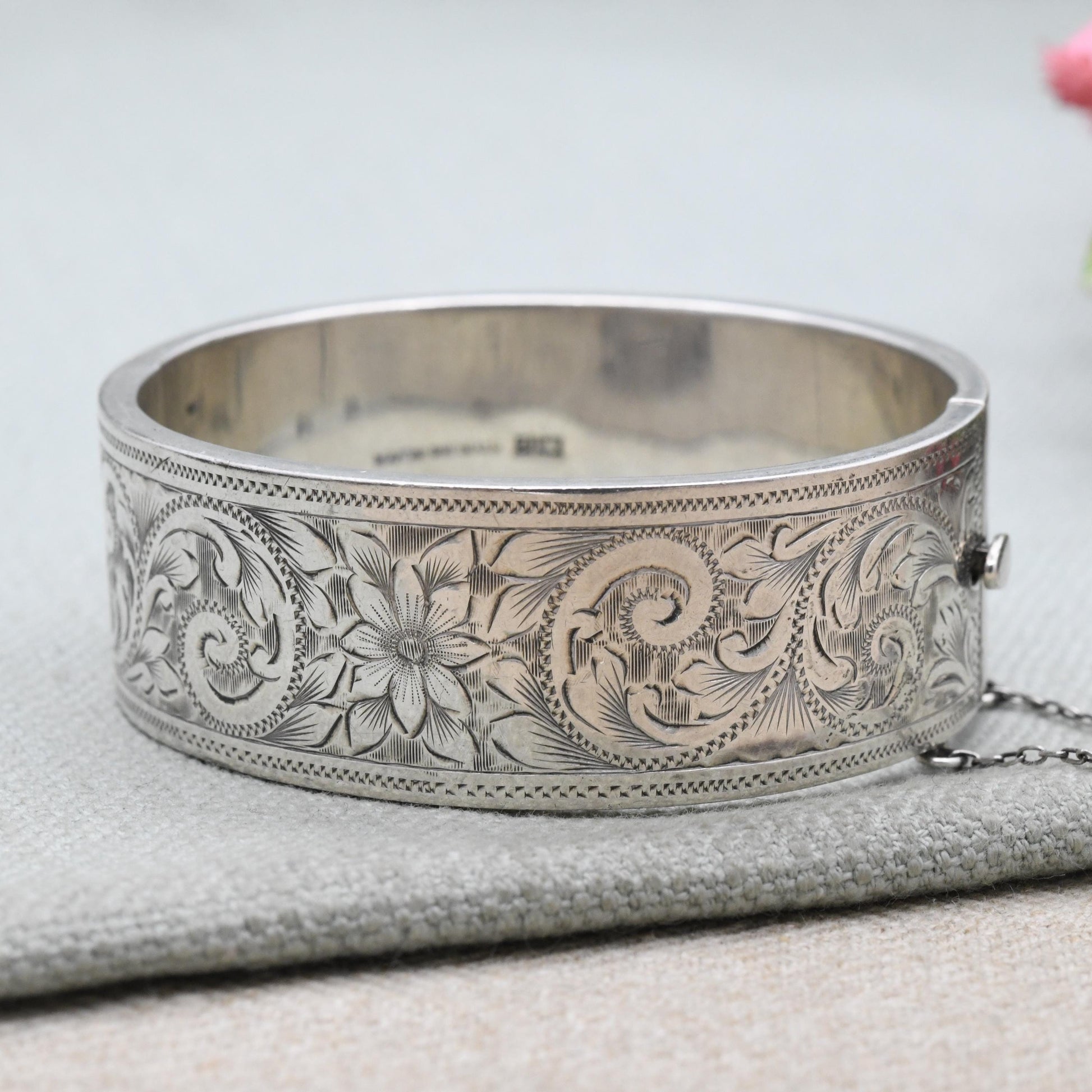 Vintage Sterling Silver Engraved Bangle Bracelet 1960 by Joseph Gloster - Chunky Victorian Aesthetic Scrolling Style with Safety Chain