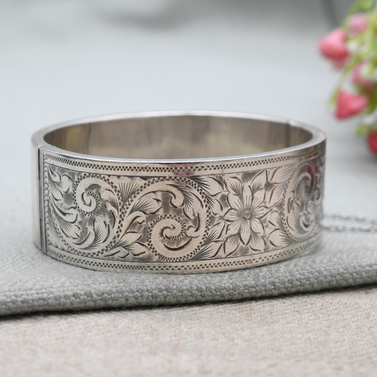 Vintage Sterling Silver Engraved Bangle Bracelet 1960 by Joseph Gloster - Chunky Victorian Aesthetic Scrolling Style with Safety Chain