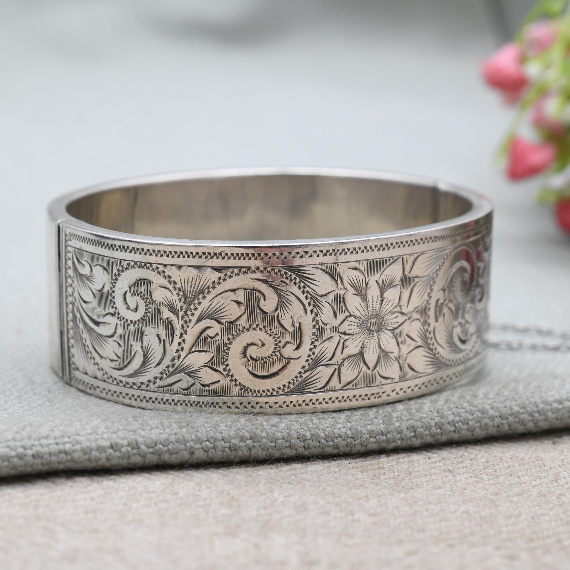 Vintage Sterling Silver Engraved Bangle Bracelet 1960 by Joseph Gloster - Chunky Victorian Aesthetic Scrolling Style with Safety Chain