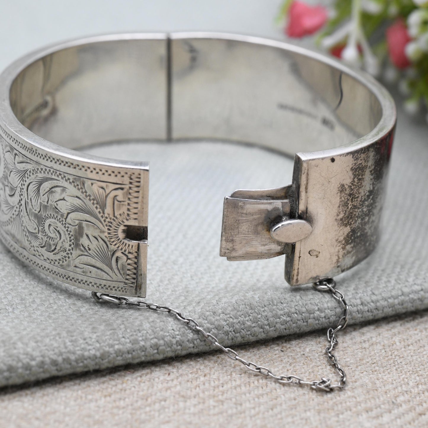 Vintage Sterling Silver Engraved Bangle Bracelet 1960 by Joseph Gloster - Chunky Victorian Aesthetic Scrolling Style with Safety Chain