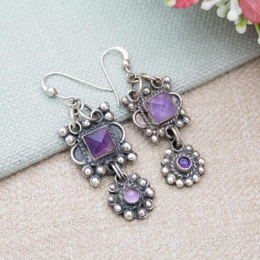 Vintage Mexican Sterling Silver Amethyst Drop Earrings - Beaded Rope Twist Design | Purple Gemstone | Taxco Mexico Jewellery Gift