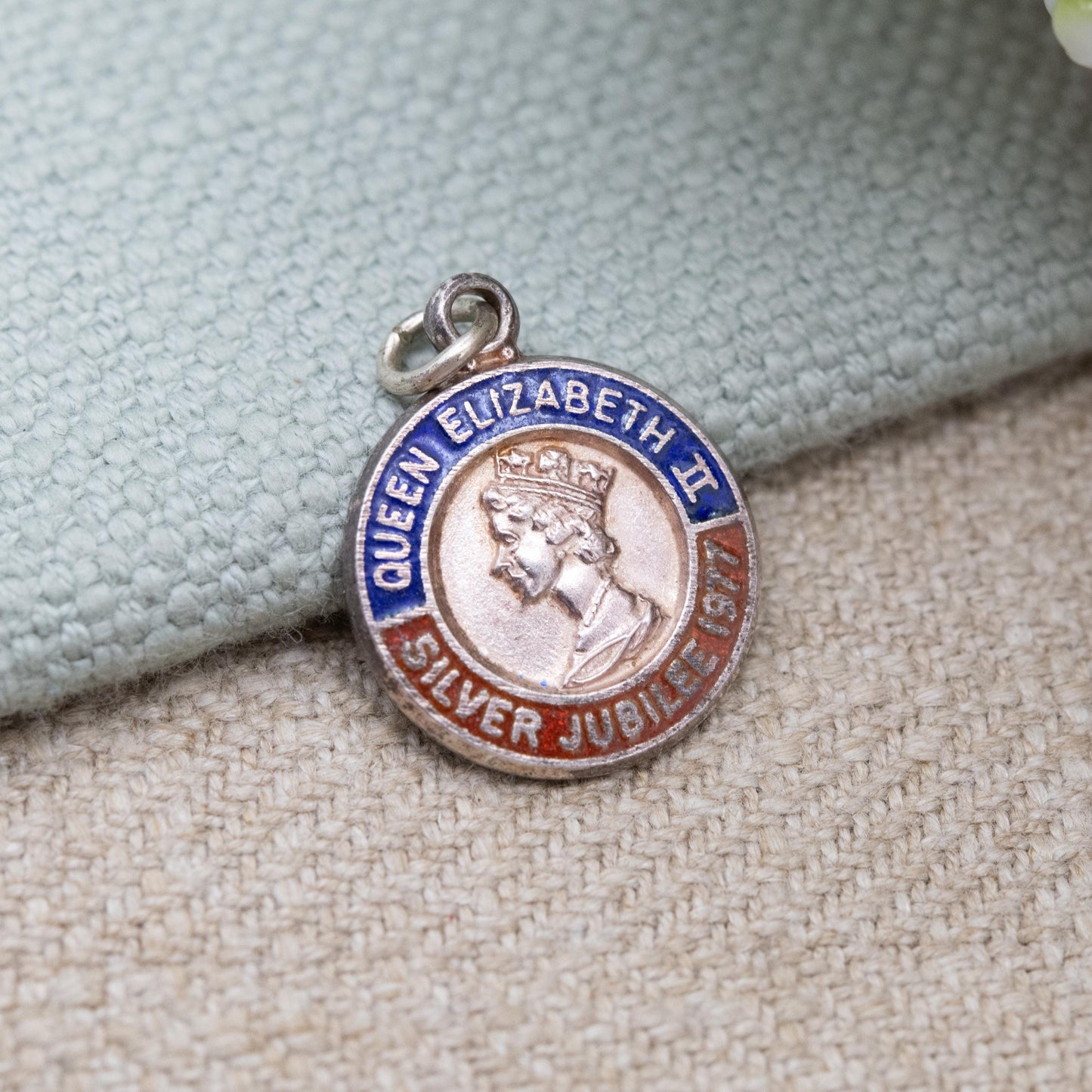 Vintage Sterling Silver Elizabeth II Charm Pendant Silver Jubilee 1977 - Mid Century Royal Souvenir | Blue and Red Enamel | Queen Elizabeth