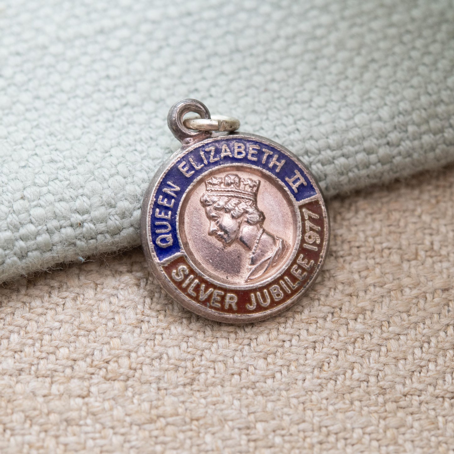Vintage Sterling Silver Elizabeth II Charm Pendant Silver Jubilee 1977 - Mid Century Royal Souvenir | Blue and Red Enamel | Queen Elizabeth