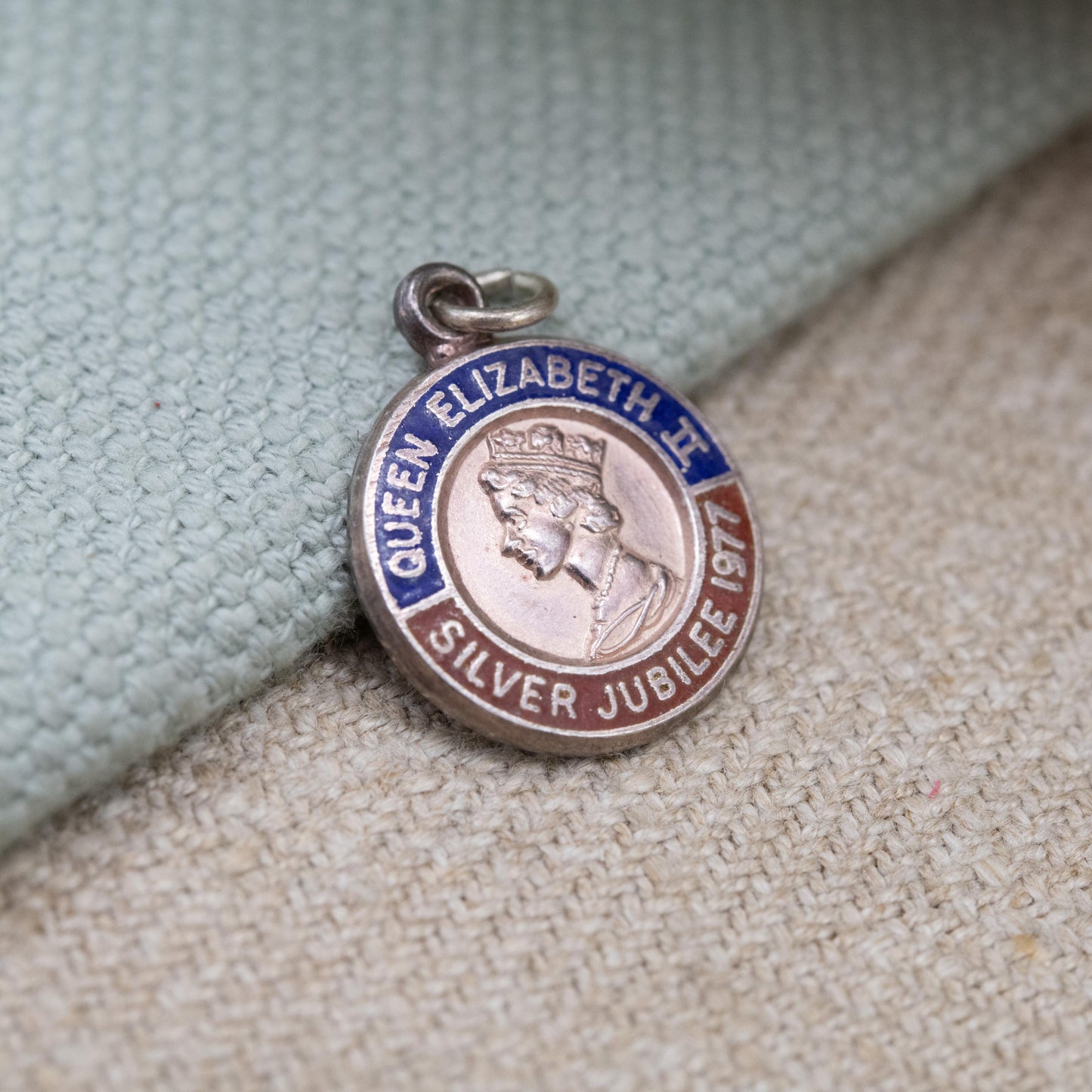 Vintage Sterling Silver Elizabeth II Charm Pendant Silver Jubilee 1977 - Mid Century Royal Souvenir | Blue and Red Enamel | Queen Elizabeth