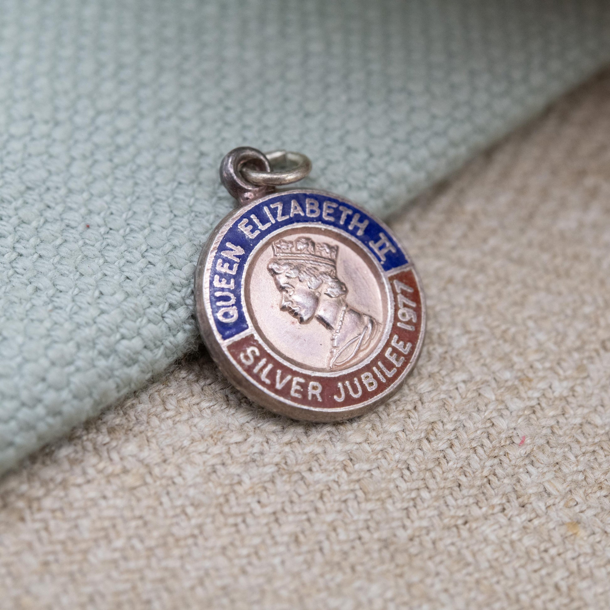 Vintage Sterling Silver Elizabeth II Charm Pendant Silver Jubilee 1977 - Mid Century Royal Souvenir | Blue and Red Enamel | Queen Elizabeth