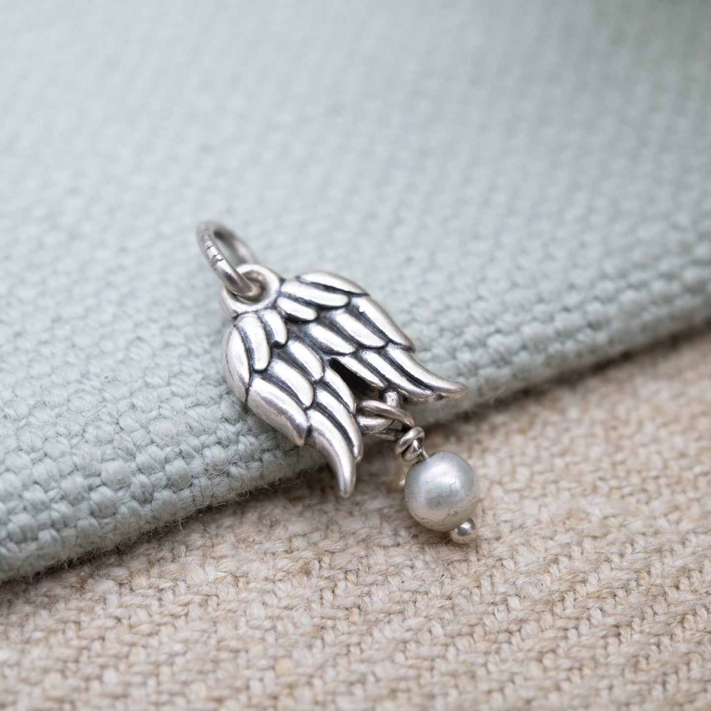 Vintage Sterling Silver Angel Wings Charm Pendant - Lovely Pearl Drop | Gift for Charm Bracelet