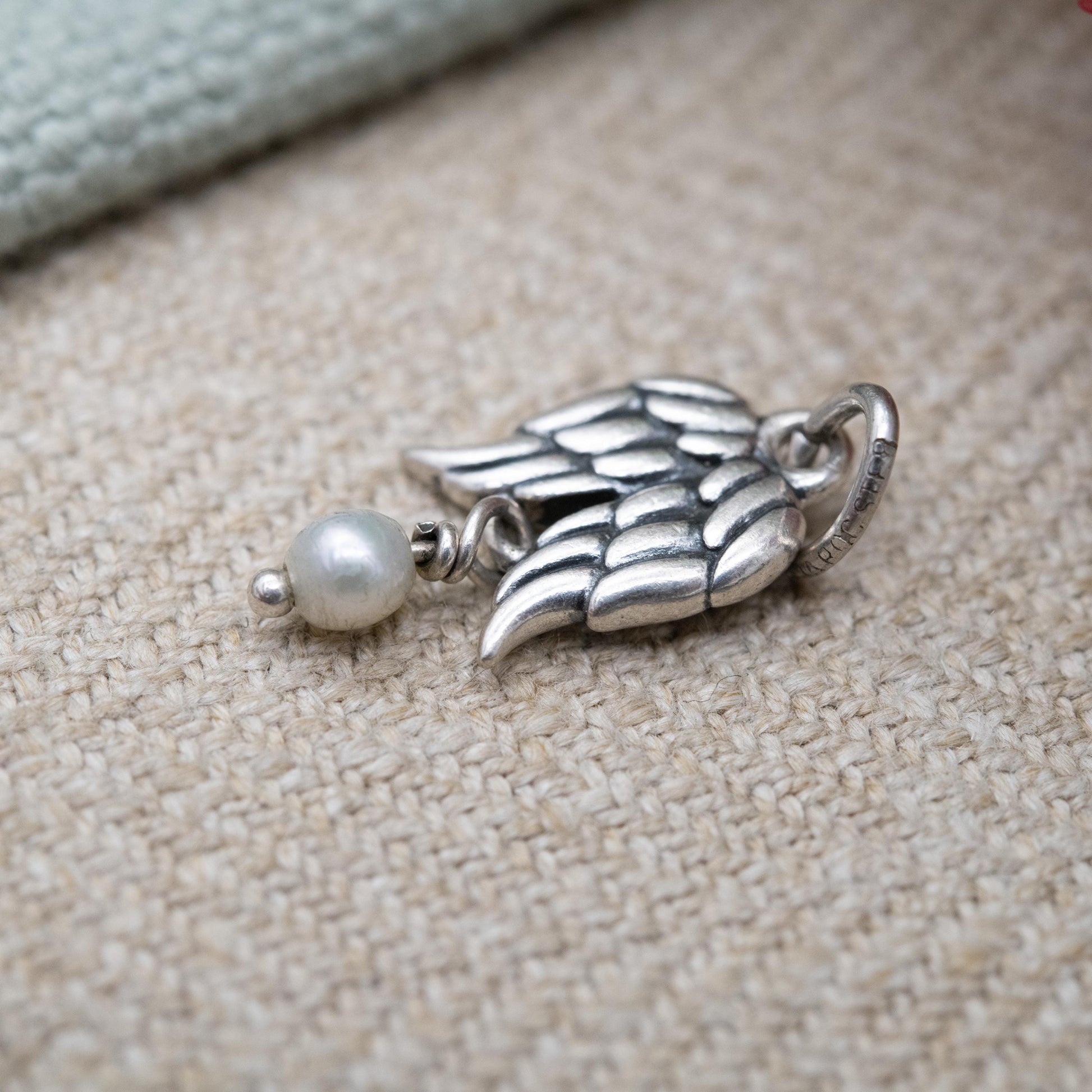 Vintage Sterling Silver Angel Wings Charm Pendant - Lovely Pearl Drop | Gift for Charm Bracelet