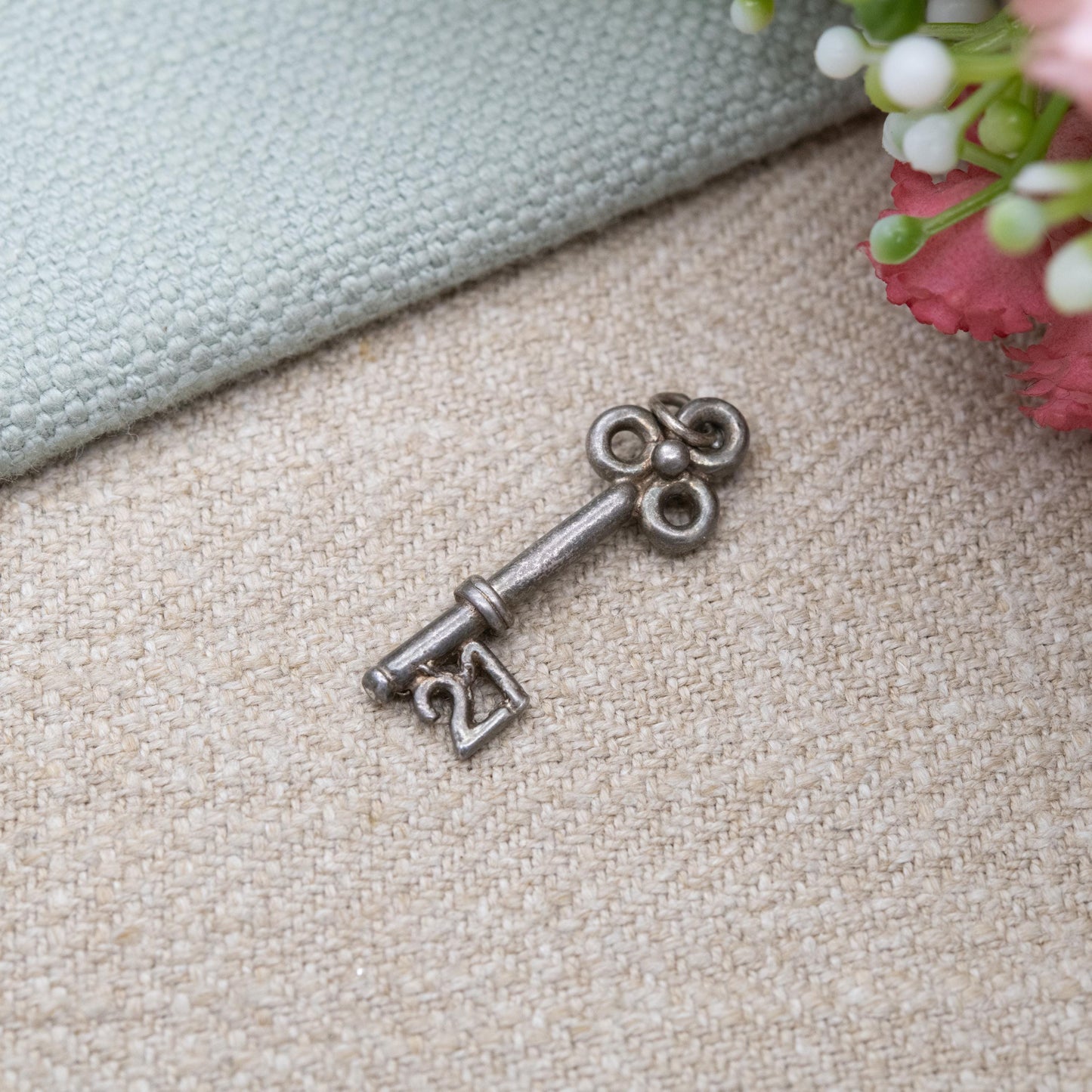Vintage Sterling Silver 21 Key Charm Pendant - Birthday | Best Wishes | Door | Lock | Souvenir Gift for Charm Bracelet