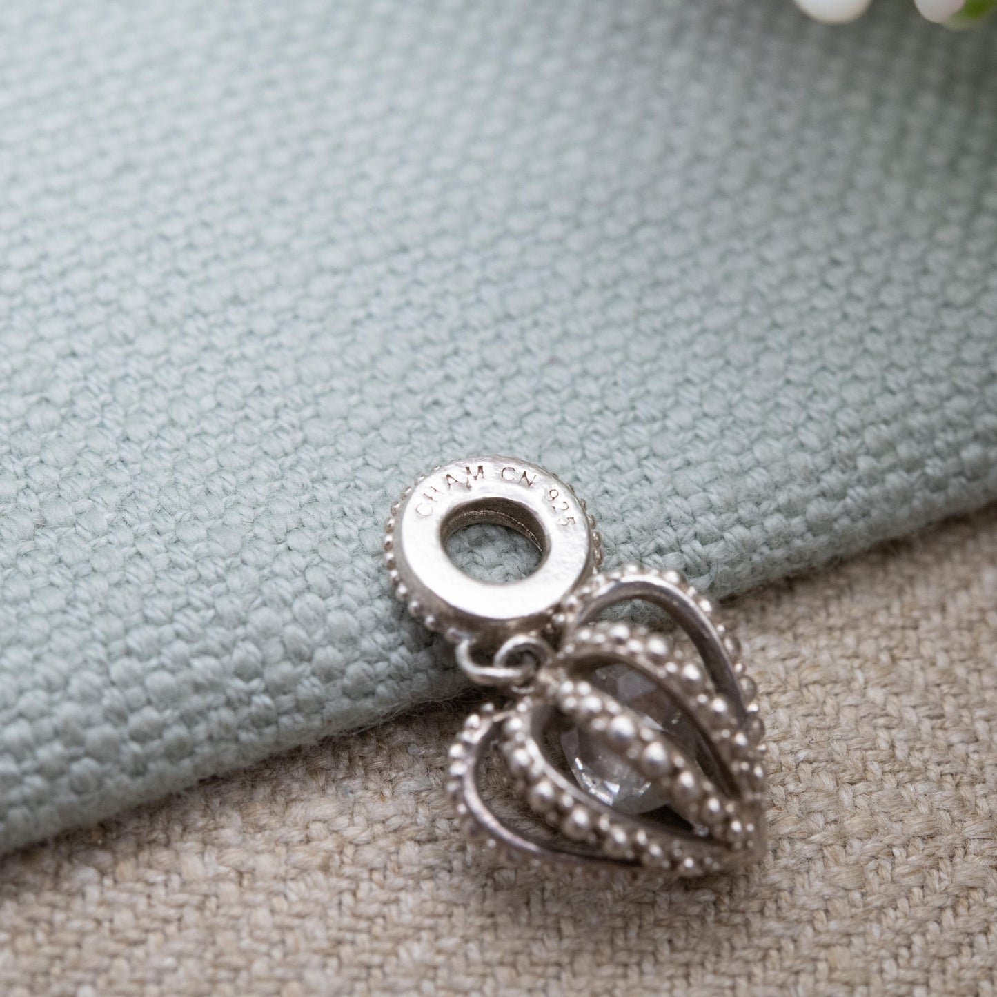 Chamilia Sterling Silver Love Heart Charm Pendant - Detailed Openwork Love Heart | Clear Faceted Stone | Romantic Gift for Bracelet