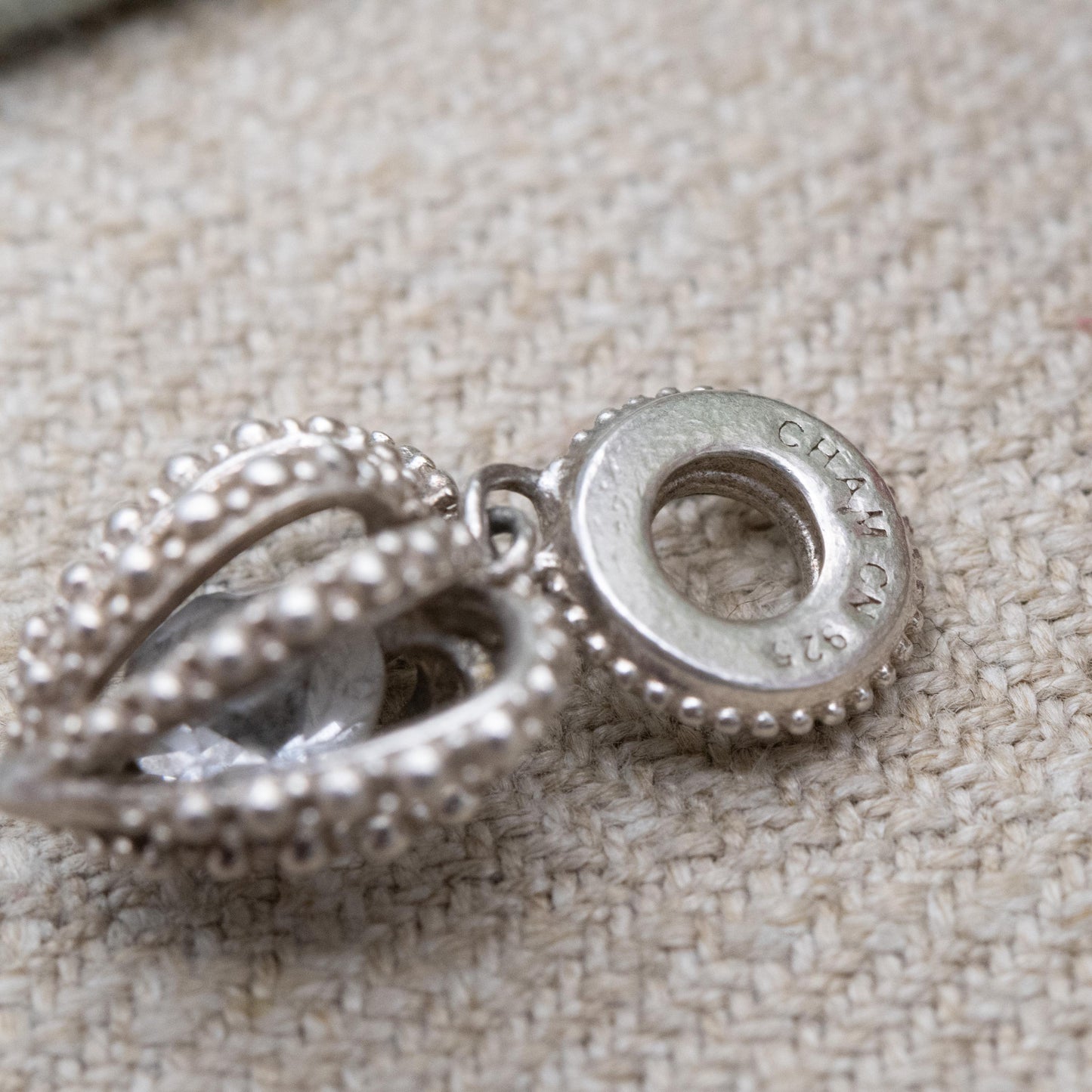 Chamilia Sterling Silver Love Heart Charm Pendant - Detailed Openwork Love Heart | Clear Faceted Stone | Romantic Gift for Bracelet