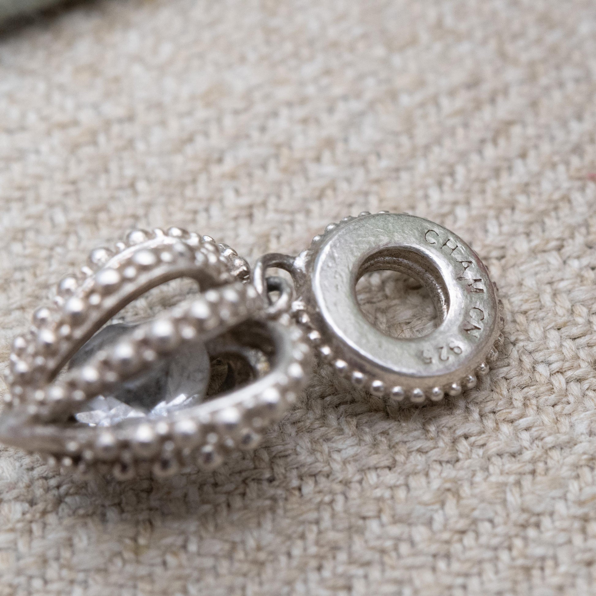 Chamilia Sterling Silver Love Heart Charm Pendant - Detailed Openwork Love Heart | Clear Faceted Stone | Romantic Gift for Bracelet