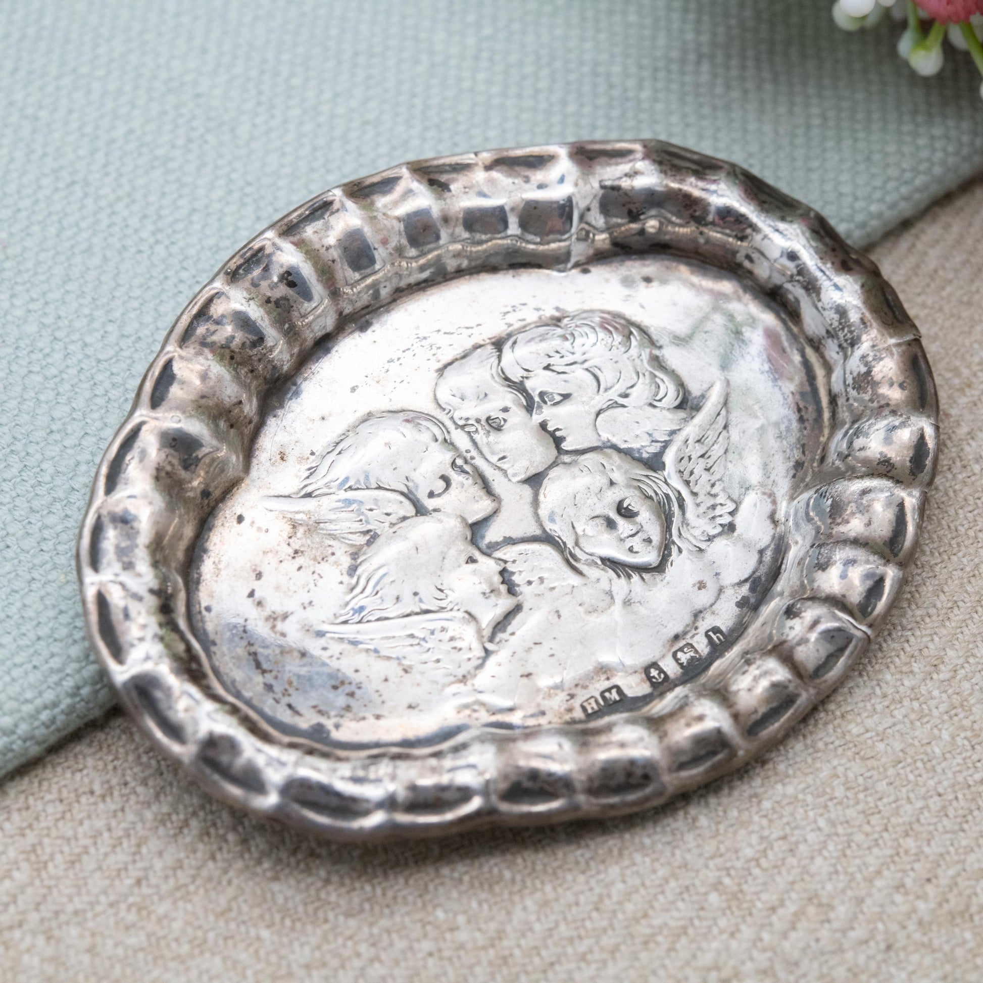 Antique Victorian Sterling Silver Cherub Dish 1907 - Art Nouveau Embossed Putti | Repoussé Silverware | Birmingham Silver Hallmarks