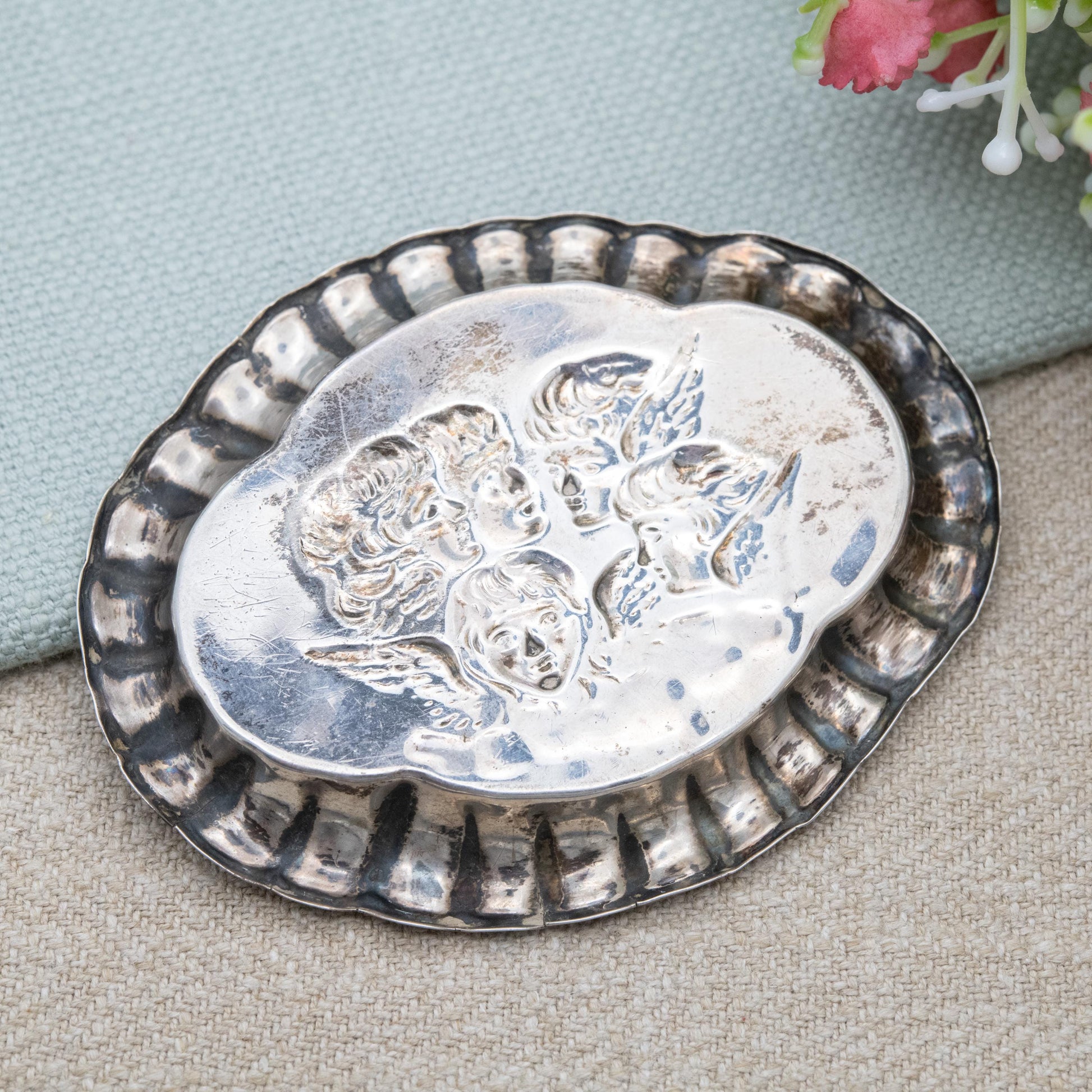 Antique Victorian Sterling Silver Cherub Dish 1907 - Art Nouveau Embossed Putti | Repoussé Silverware | Birmingham Silver Hallmarks