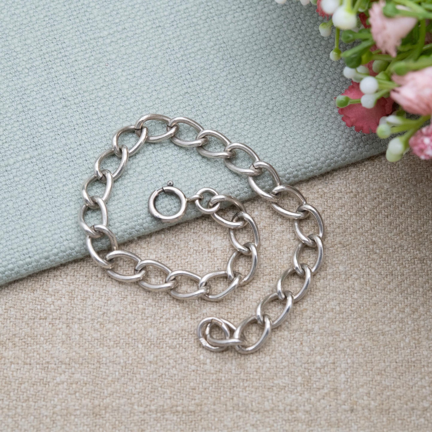 Vintage Sterling Silver Rounded Curb Link Chain Bracelet 1977 - Charm Bracelet | Gift for Him | Gift for Her