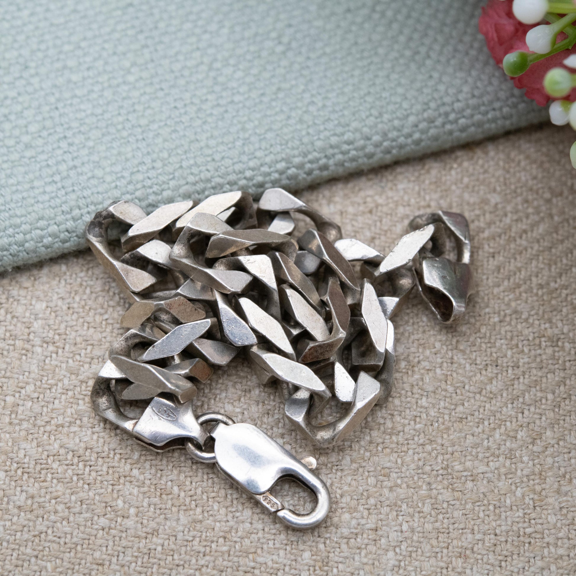 Chunky Vintage Sterling Silver Flat Curb Link Chain Bracelet - Large Curb Bracelet | Gift for Boyfriend | Gift for Brother