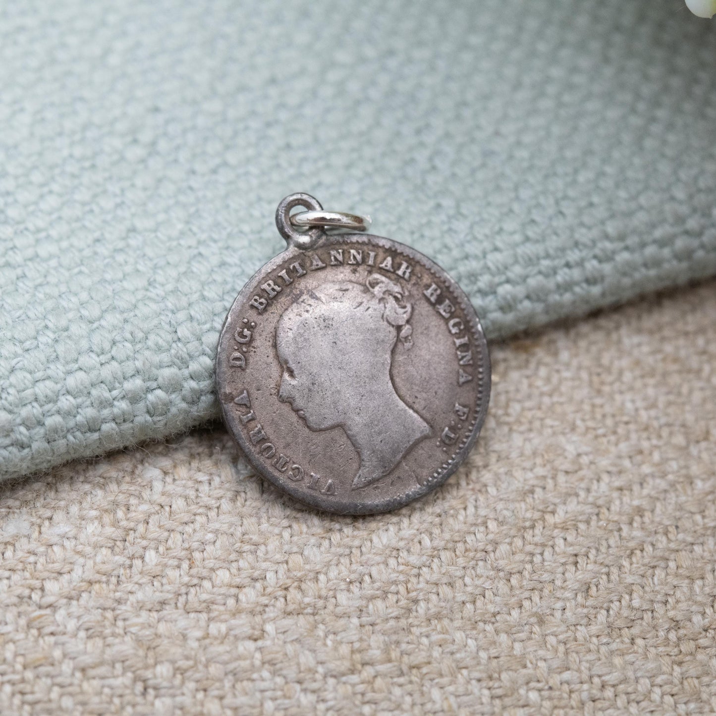 Antique Victorian Sterling Silver Fourpence Coin Charm Pendant 1840 - Victoria Young Head | Lady Britannia | Pierced Coin Jewellery
