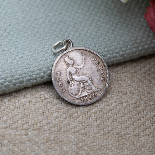 Antique Victorian Sterling Silver Fourpence Coin Charm Pendant 1840 - Victoria Young Head | Lady Britannia | Pierced Coin Jewellery