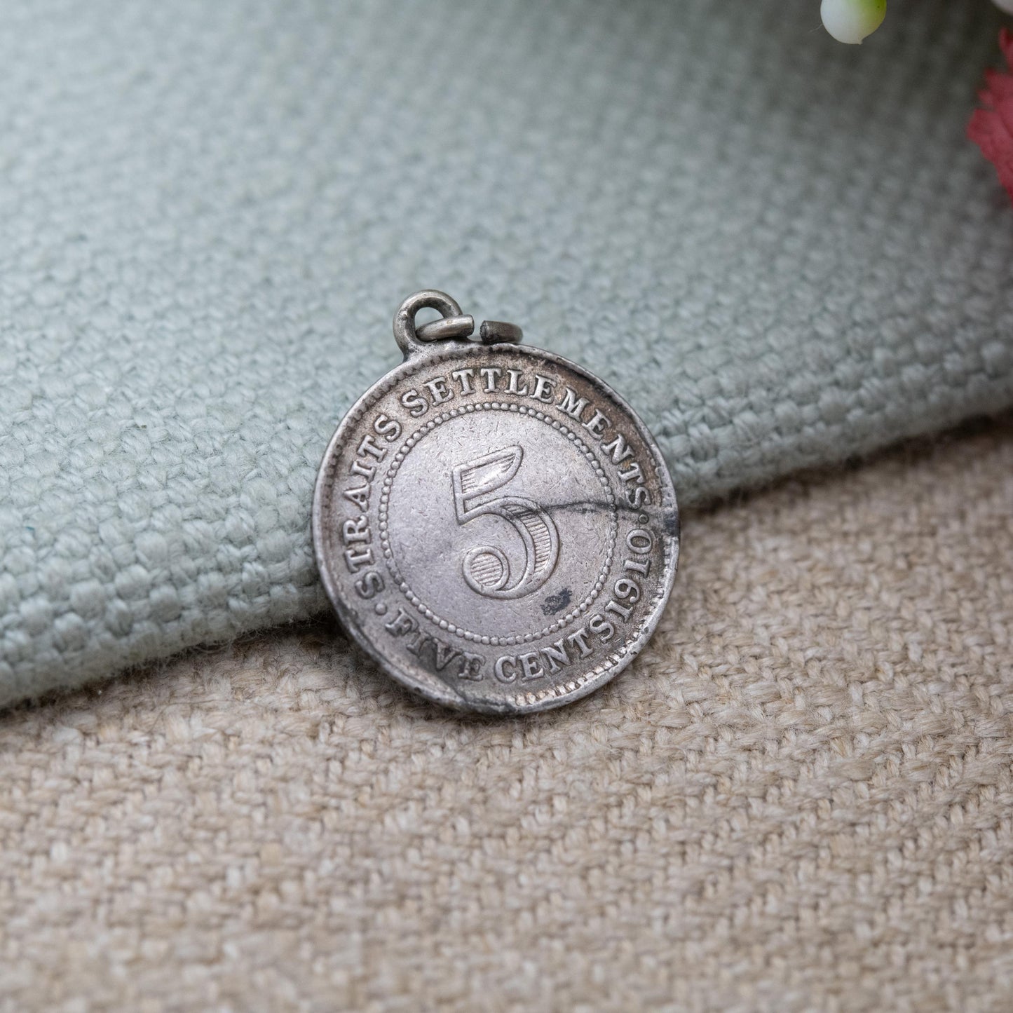 Antique Sterling Silver Edward VII Straits Settlements Five Cents Coin Pendant Charm 1910 - Edwardian Silver Coin Jewellery