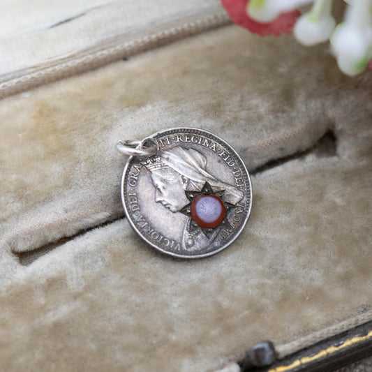 Antique Victorian Sterling Silver Sardonyx Threepence Coin Love Token Charm Pendant 1897 - Pierced Coin Jewellery