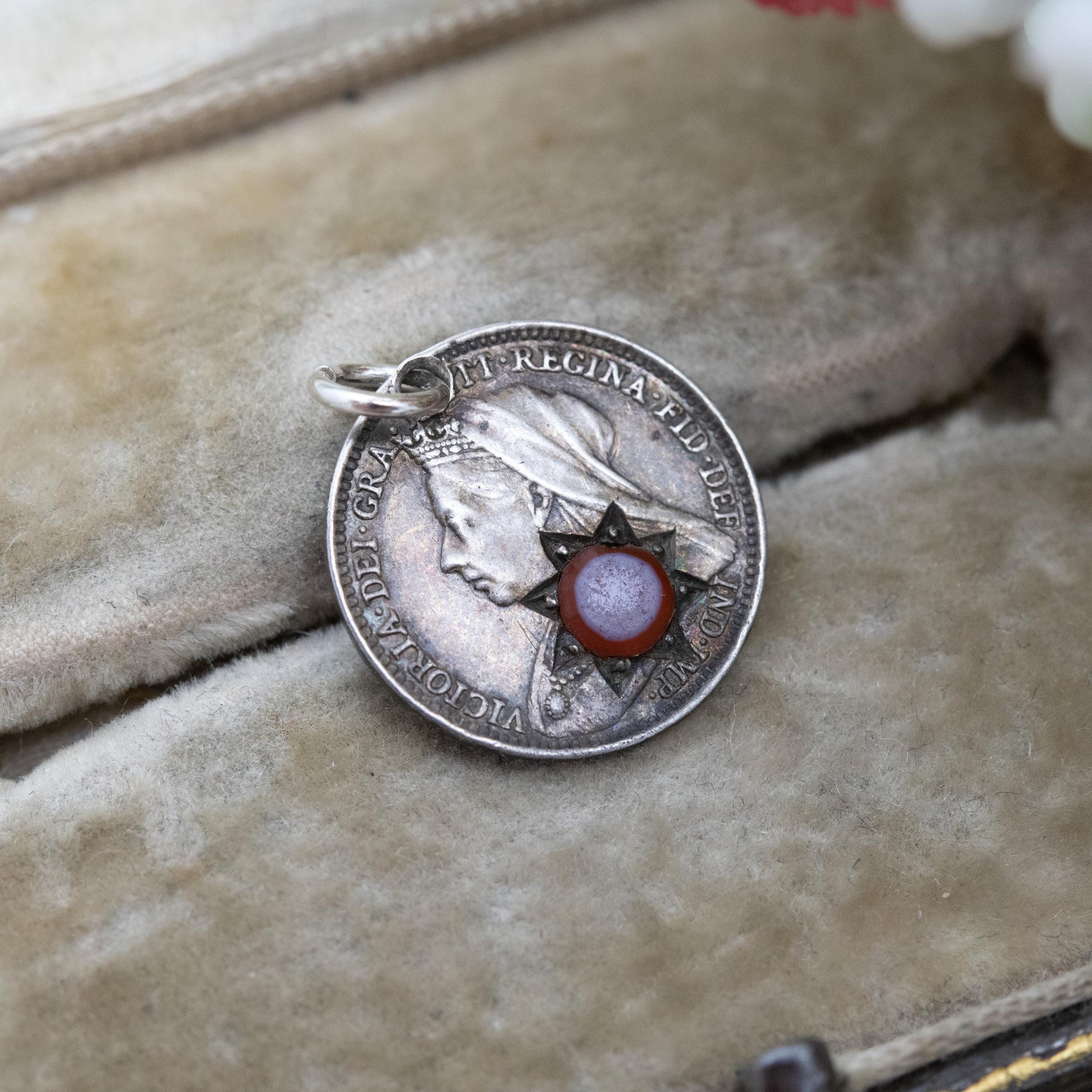 Antique Victorian Sterling Silver Sardonyx Threepence Coin Love Token Charm Pendant 1897 - Pierced Coin Jewellery