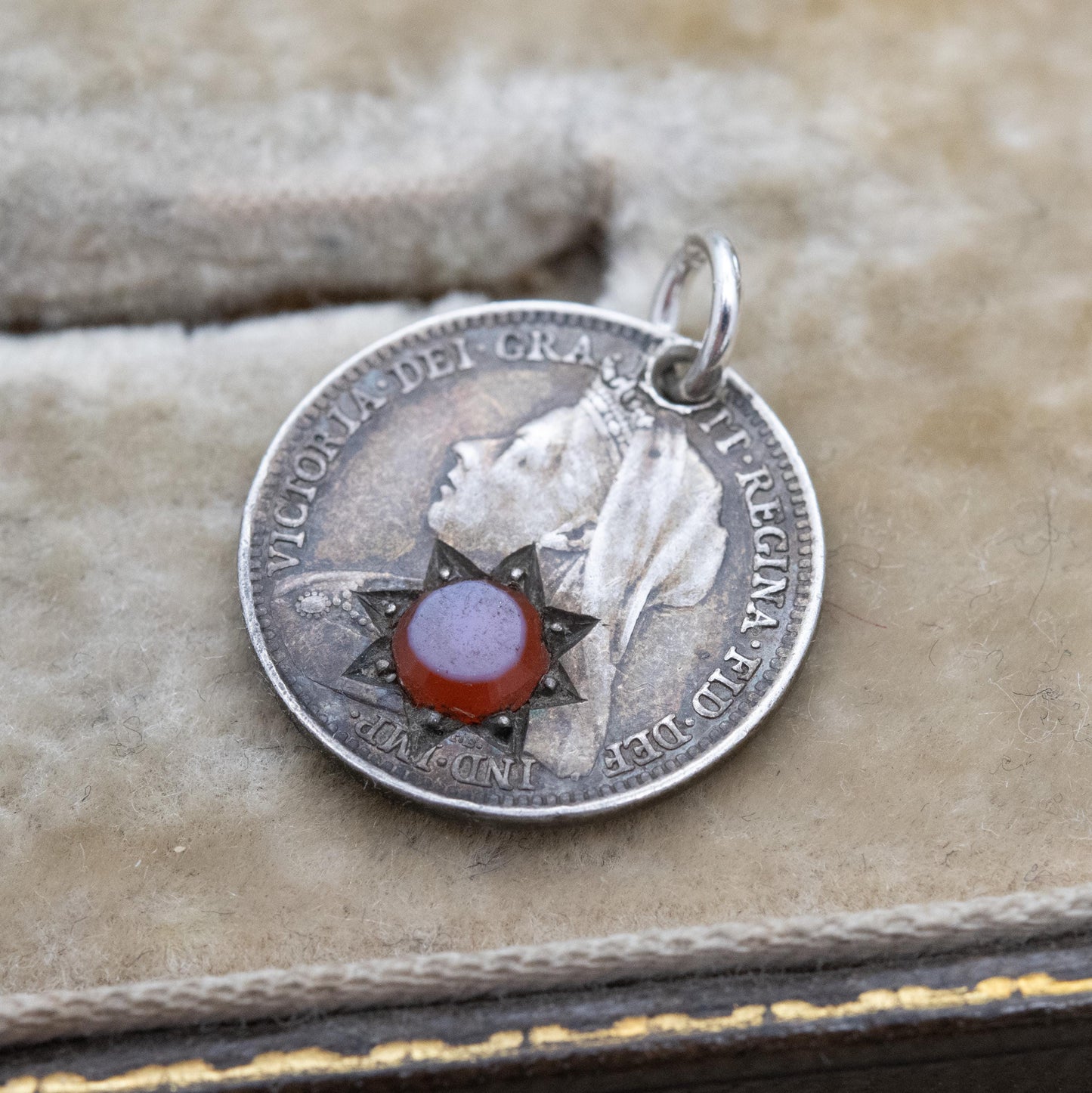 Antique Victorian Sterling Silver Sardonyx Threepence Coin Love Token Charm Pendant 1897 - Pierced Coin Jewellery