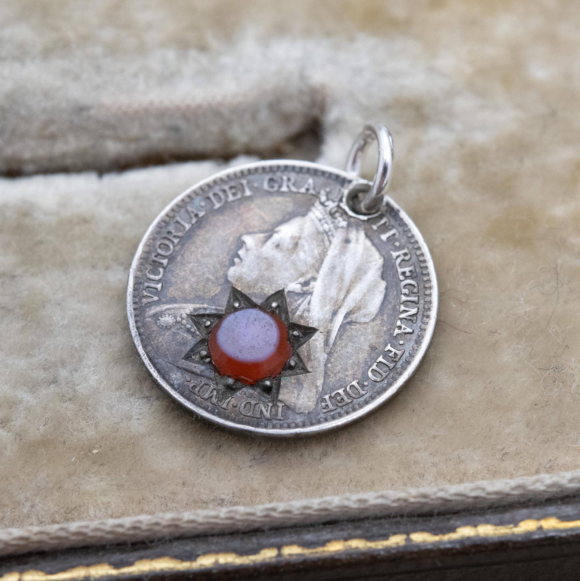 Antique Victorian Sterling Silver Sardonyx Threepence Coin Love Token Charm Pendant 1897 - Pierced Coin Jewellery