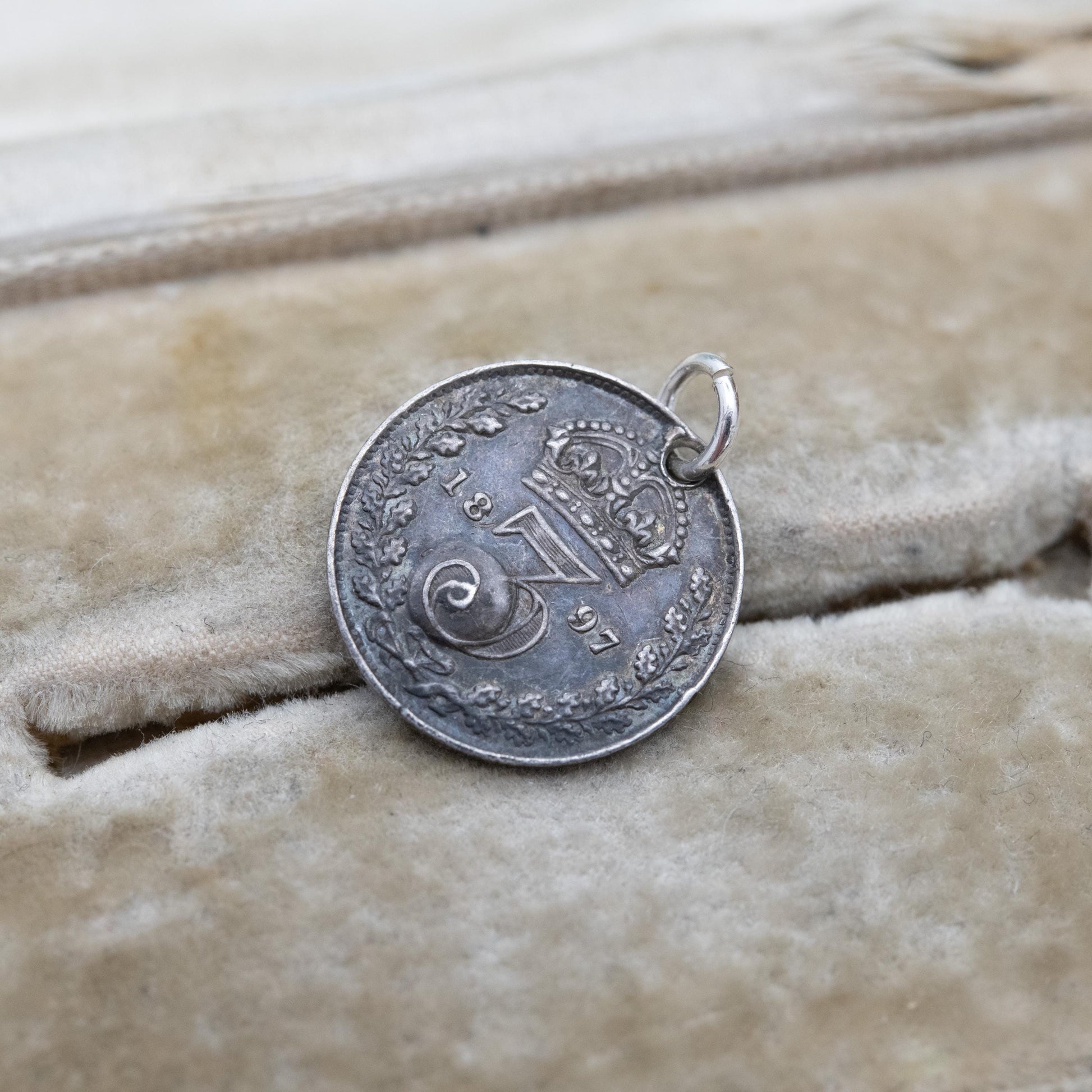 Antique Victorian Sterling Silver Sardonyx Threepence Coin Love Token Charm Pendant 1897 - Pierced Coin Jewellery