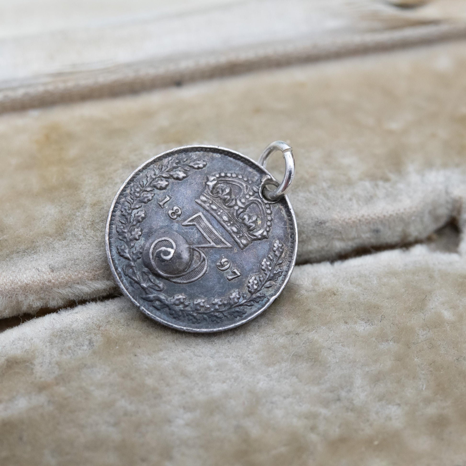 Antique Victorian Sterling Silver Sardonyx Threepence Coin Love Token Charm Pendant 1897 - Pierced Coin Jewellery