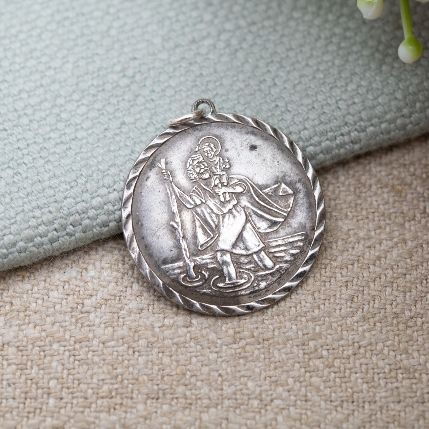 Vintage Sterling Silver St. Christopher Pendant - Embossed Relief | Geometric Circle Border | Saint of Travelling | Gift for Charm Bracelet