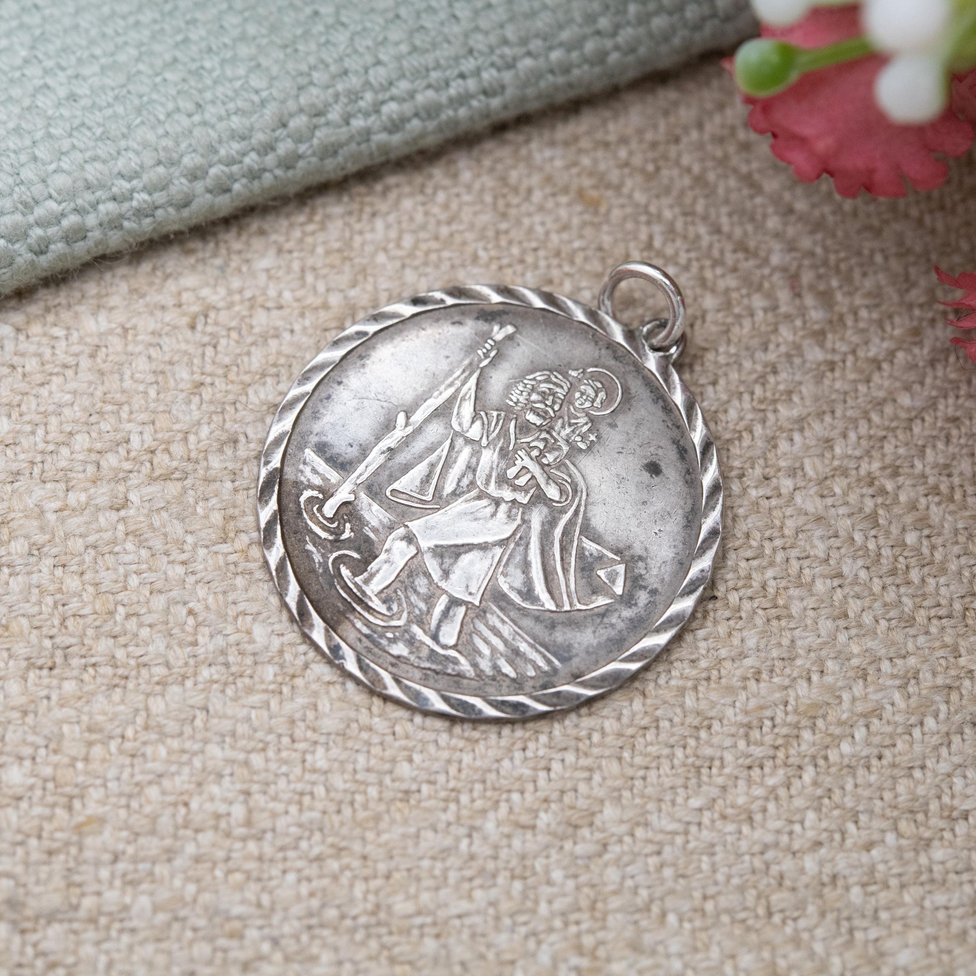 Vintage Sterling Silver St. Christopher Pendant - Embossed Relief | Geometric Circle Border | Saint of Travelling | Gift for Charm Bracelet