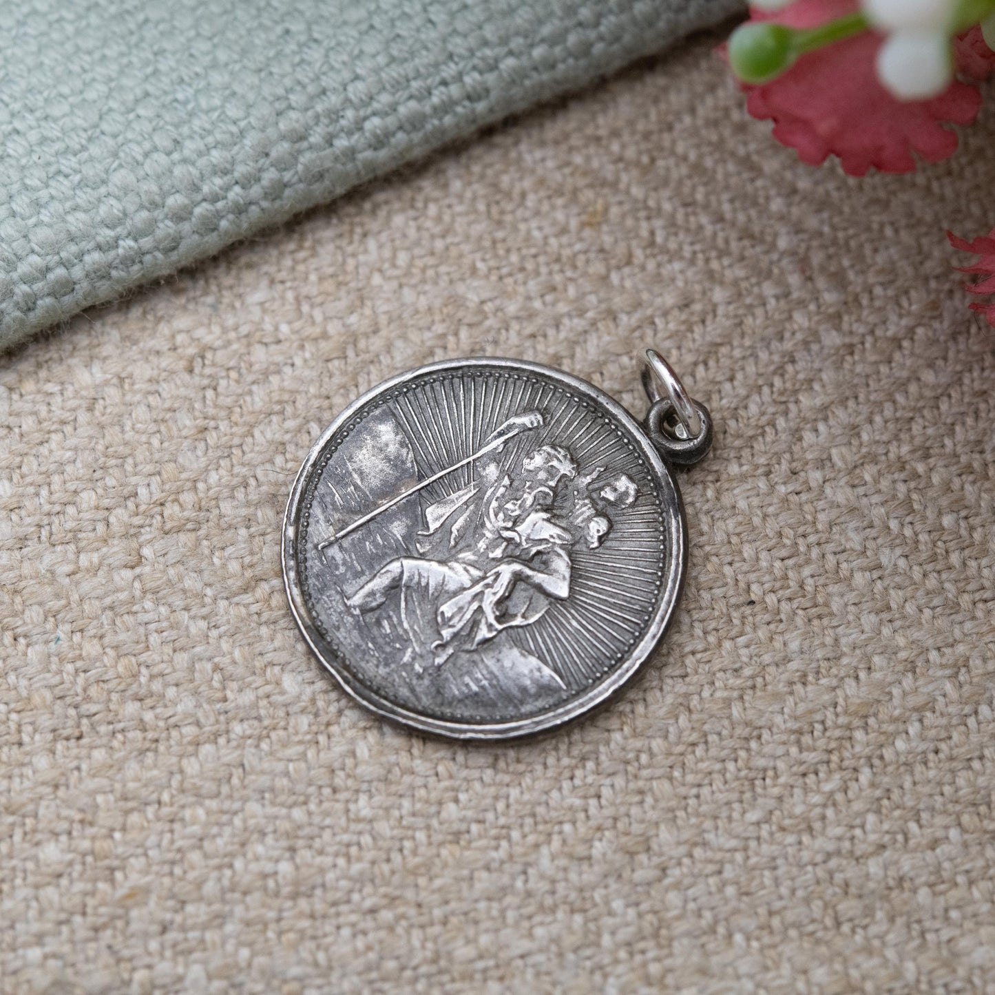 Vintage Sterling Silver St. Christopher Pendant - Embossed Relief Textured Background | Geometric Circle Border | Saint of Travelling