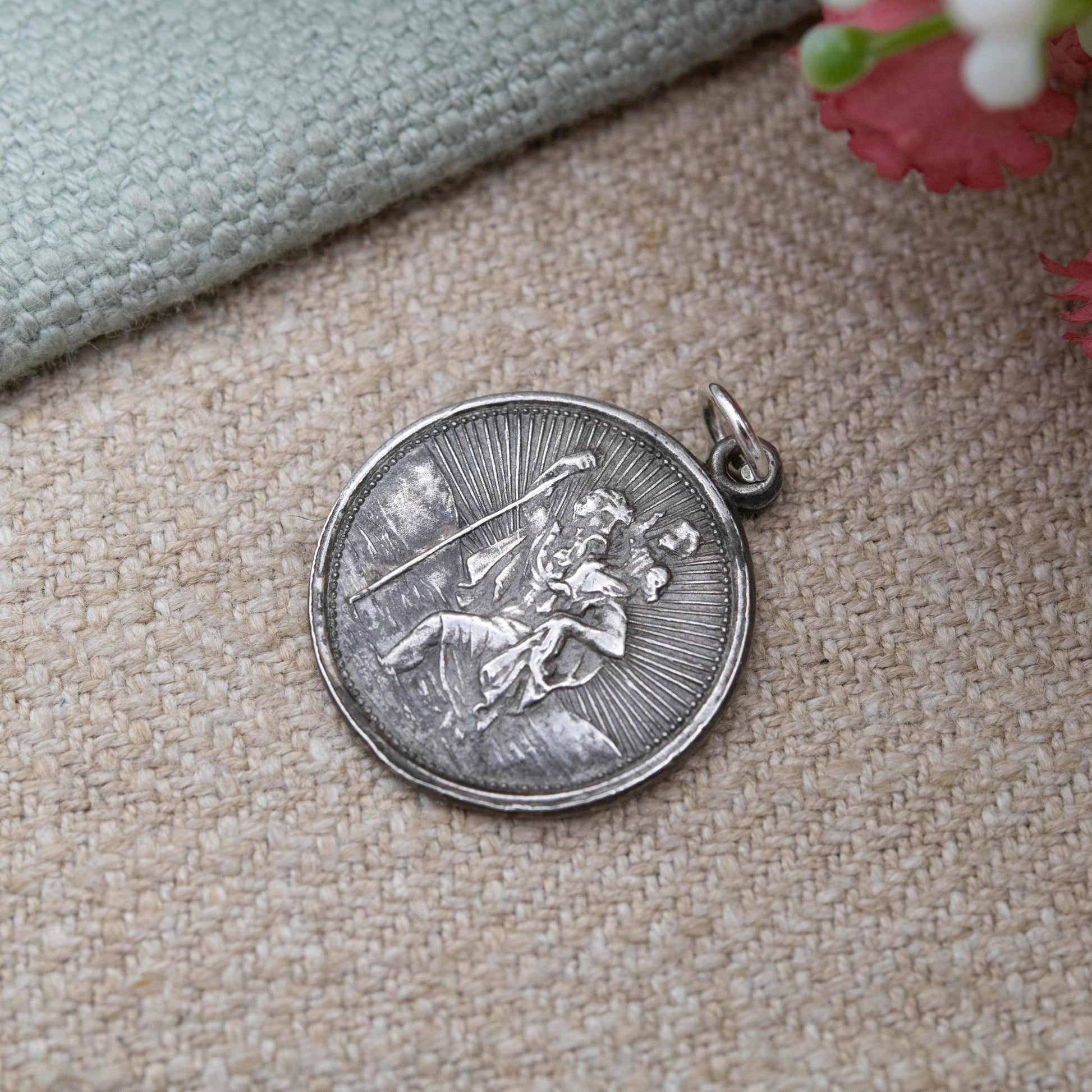 Vintage Sterling Silver St. Christopher Pendant - Embossed Relief Textured Background | Geometric Circle Border | Saint of Travelling