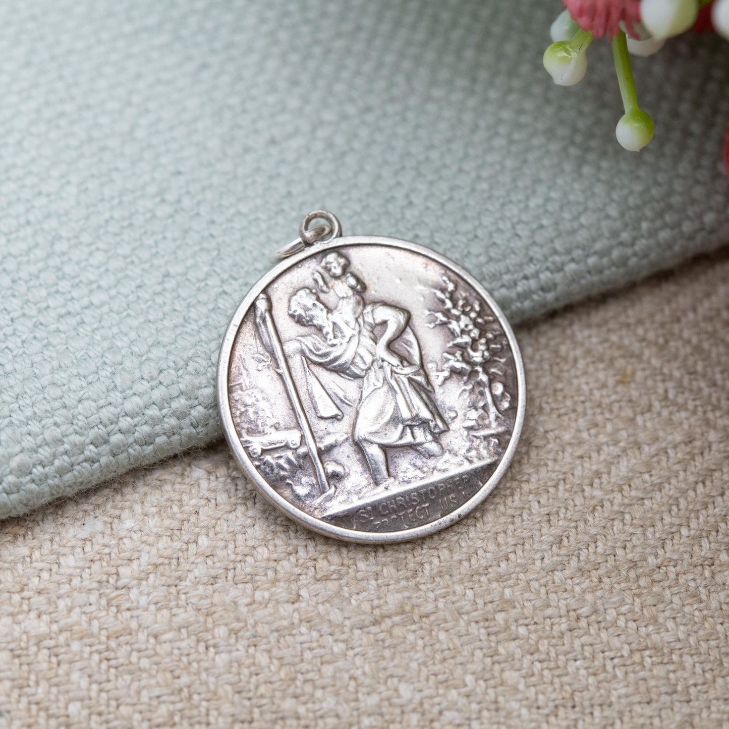 Vintage Sterling Silver St. Christopher Pendant - Embossed Relief and Textured Landscape | Saint of Travelling | Gift for Charm Bracelet