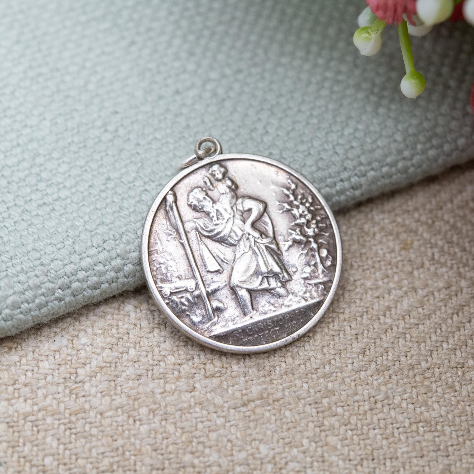 Vintage Sterling Silver St. Christopher Pendant - Embossed Relief and Textured Landscape | Saint of Travelling | Gift for Charm Bracelet
