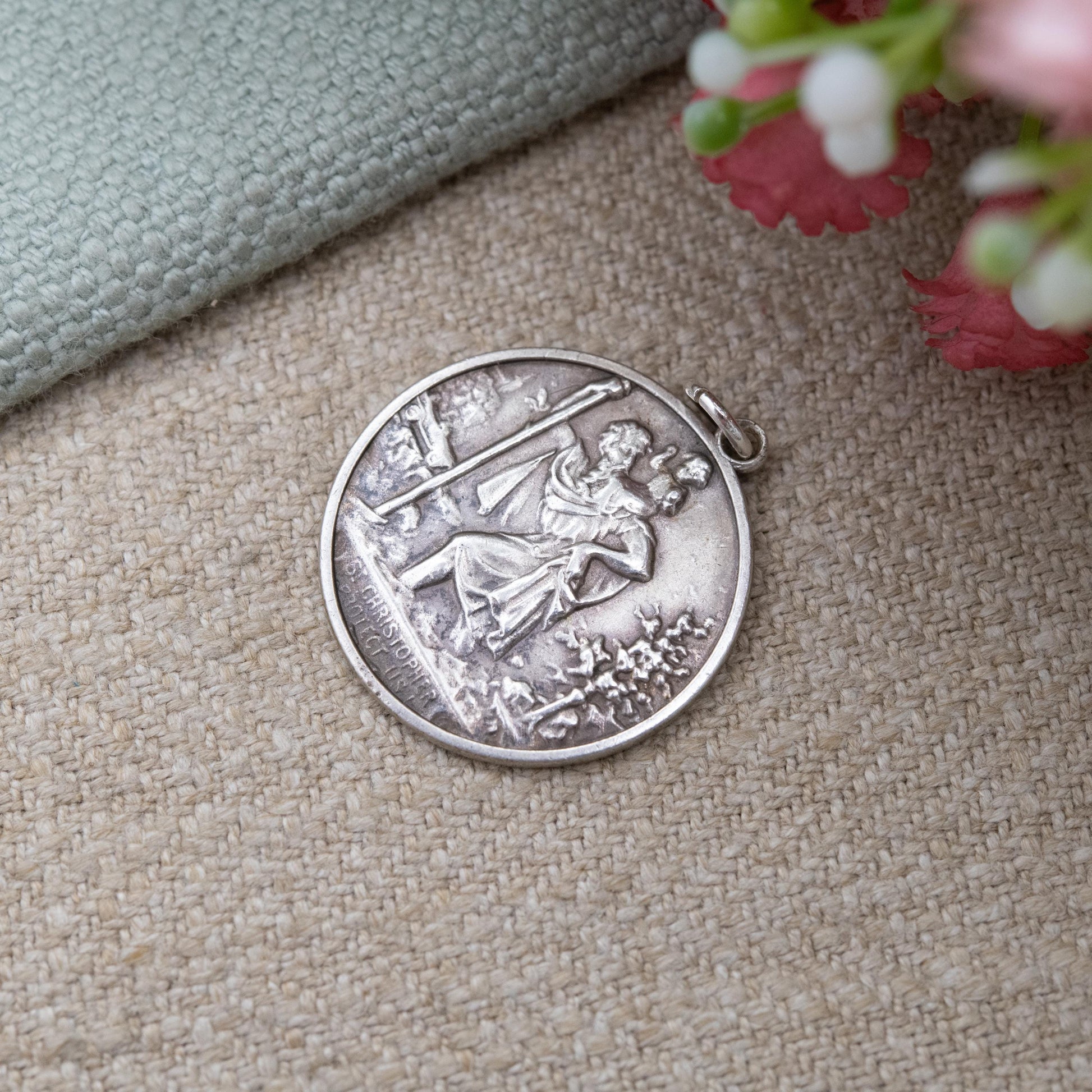 Vintage Sterling Silver St. Christopher Pendant - Embossed Relief and Textured Landscape | Saint of Travelling | Gift for Charm Bracelet