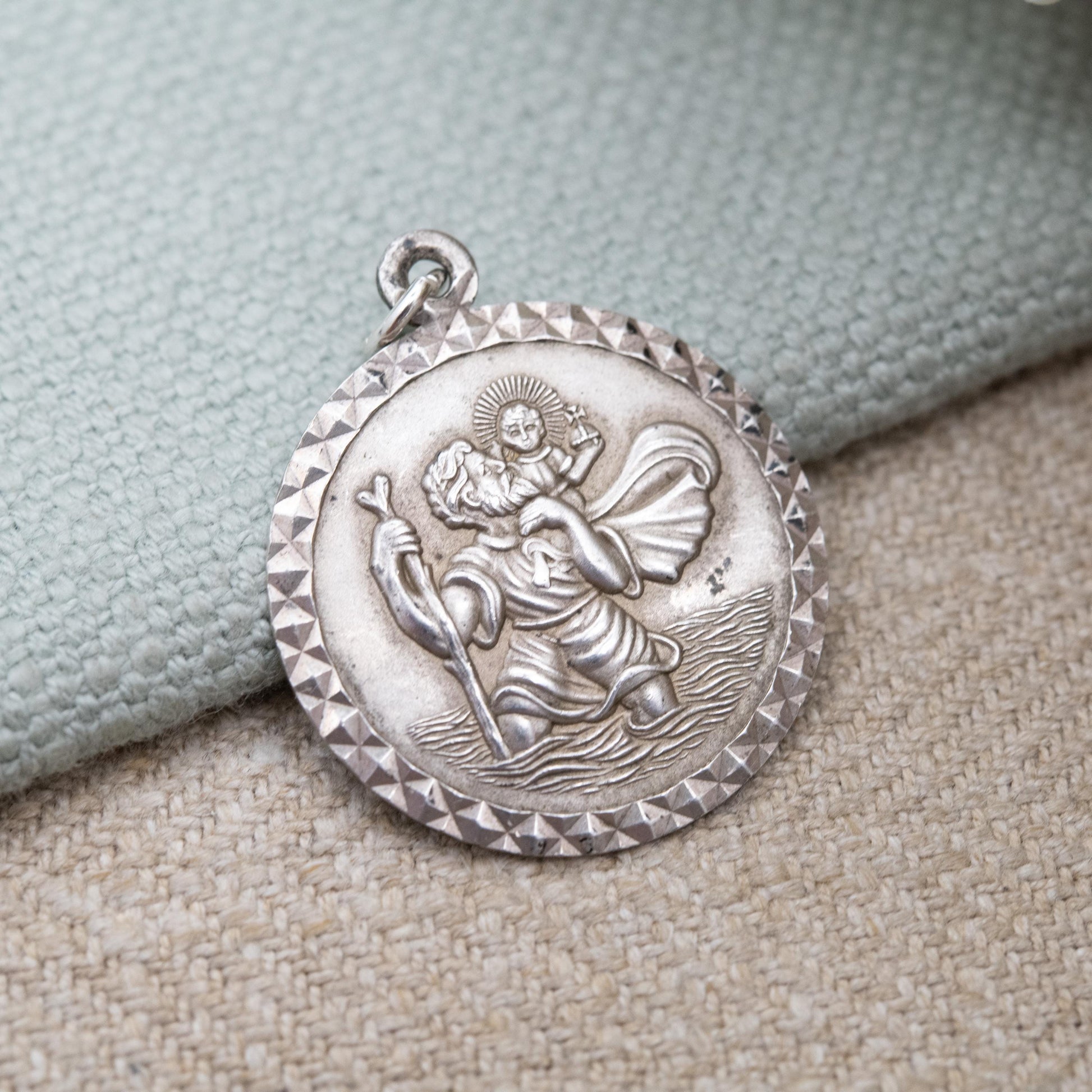 Vintage Sterling Silver St. Christopher Pendant - Embossed Relief | Geometric Circle Border | Saint of Travelling | Gift for Charm Bracelet