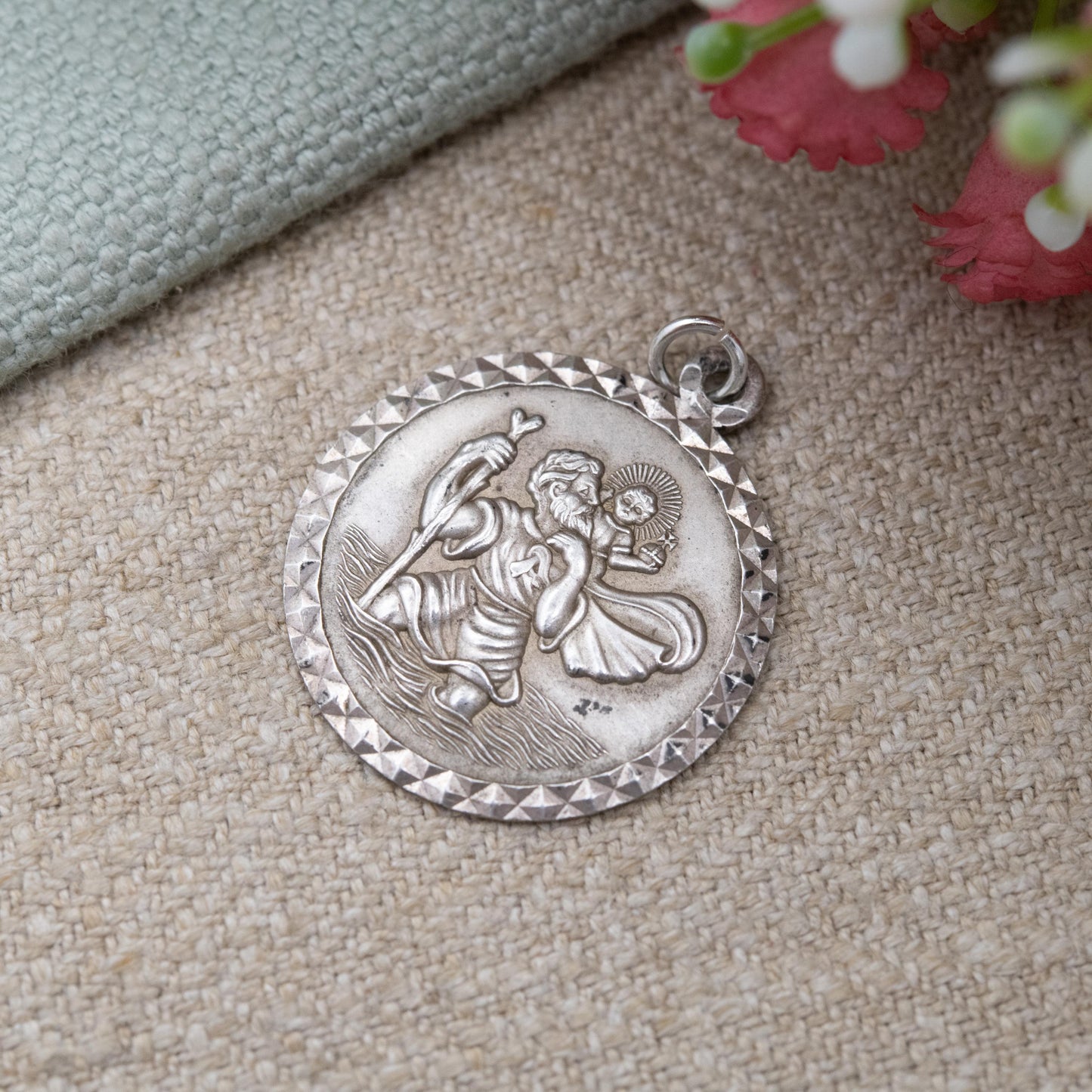 Vintage Sterling Silver St. Christopher Pendant - Embossed Relief | Geometric Circle Border | Saint of Travelling | Gift for Charm Bracelet