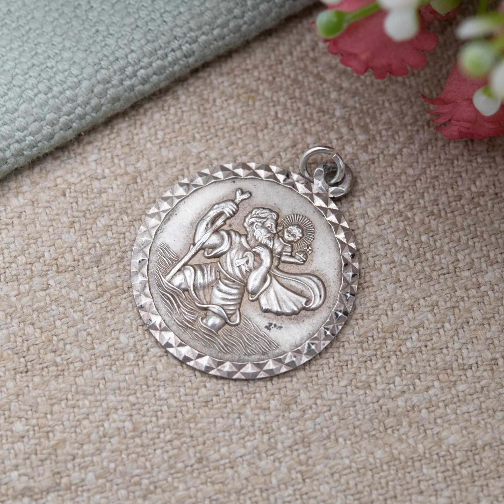 Vintage Sterling Silver St. Christopher Pendant - Embossed Relief | Geometric Circle Border | Saint of Travelling | Gift for Charm Bracelet