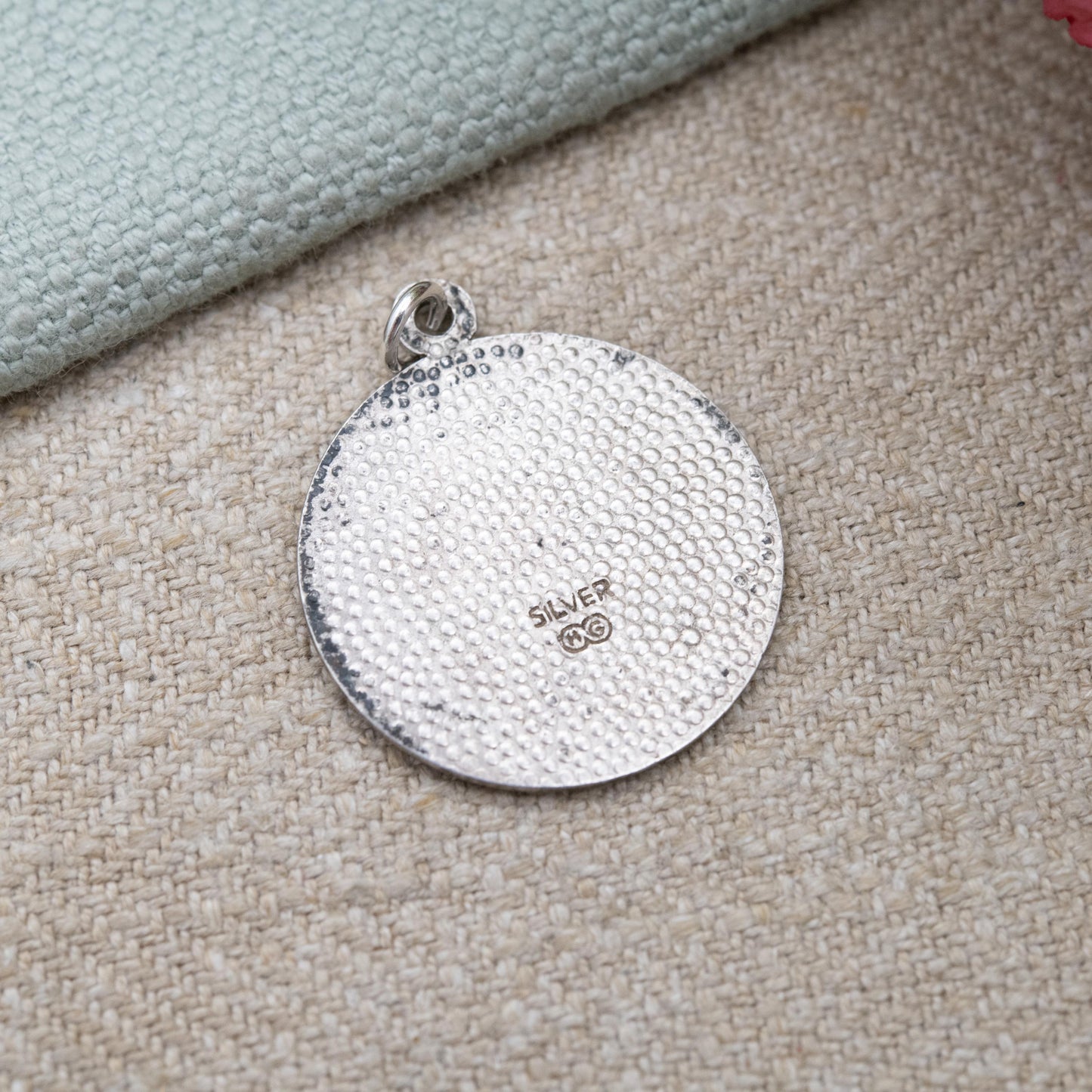 Vintage Sterling Silver St. Christopher Pendant - Embossed Relief | Geometric Circle Border | Saint of Travelling | Gift for Charm Bracelet