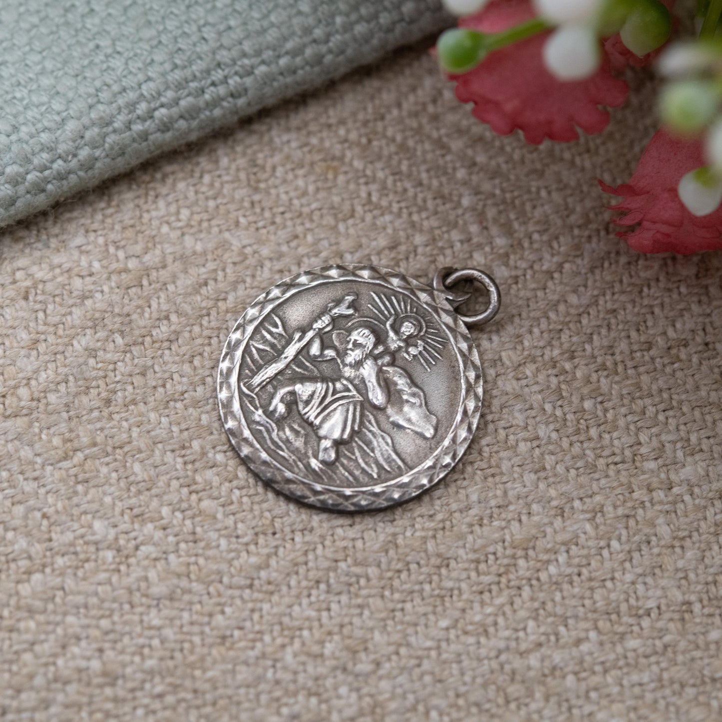 Vintage Sterling Silver St. Christopher Pendant - Embossed Relief | Geometric Circle Border | Saint of Travelling | Gift for Charm Bracelet