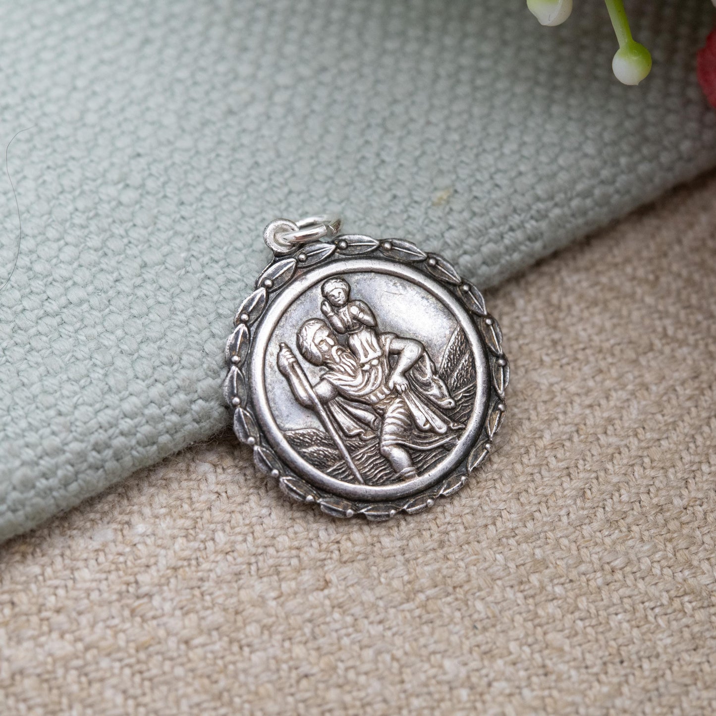 Vintage Sterling Silver St. Christopher Pendant - Embossed Relief | Detailed Circle Border | Saint of Travelling | Gift for Charm Bracelet