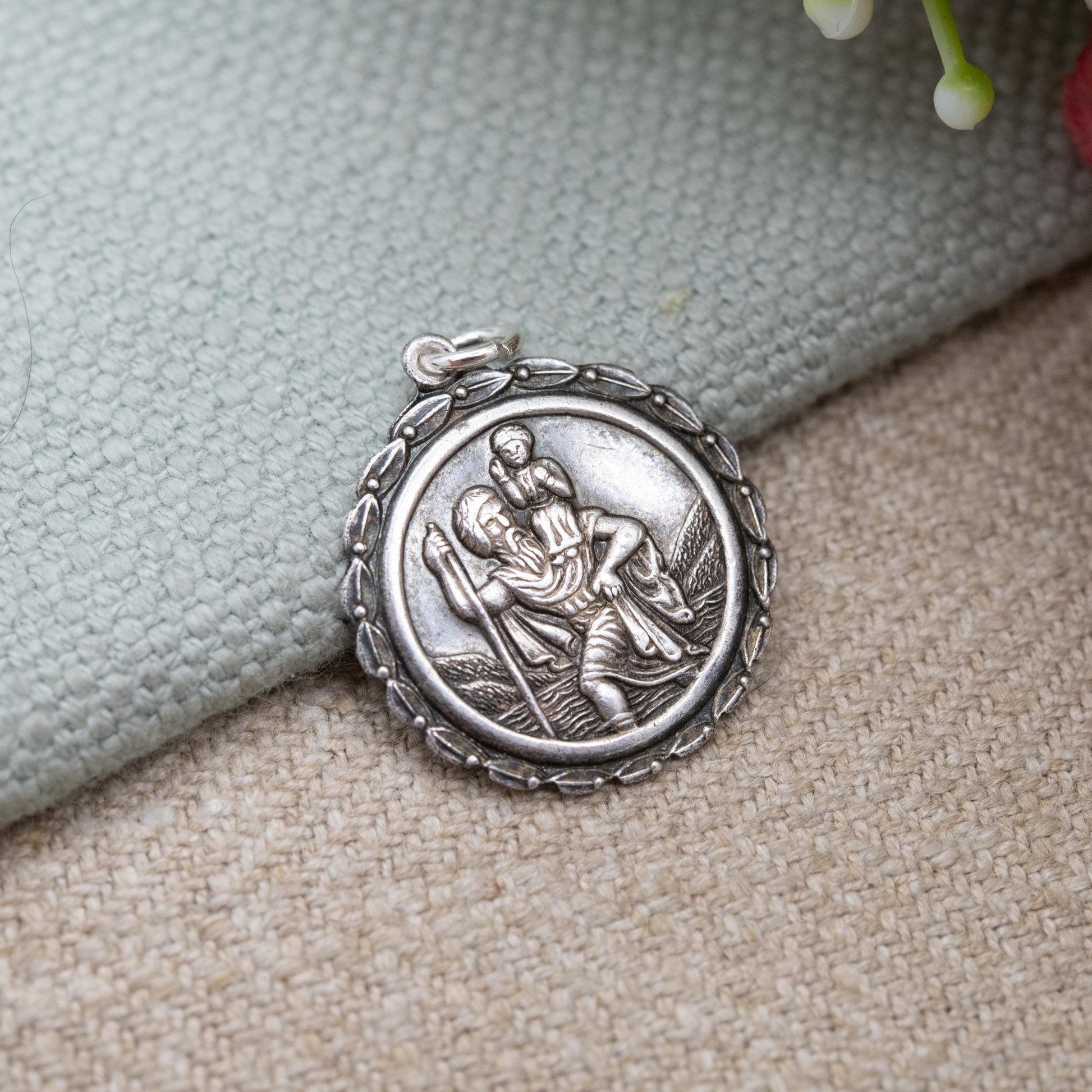 Vintage Sterling Silver St. Christopher Pendant - Embossed Relief | Detailed Circle Border | Saint of Travelling | Gift for Charm Bracelet