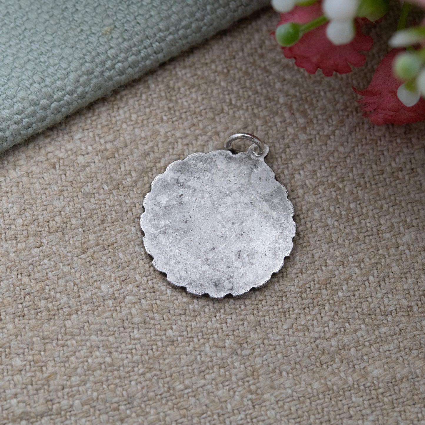 Vintage Sterling Silver St. Christopher Pendant - Embossed Relief | Detailed Circle Border | Saint of Travelling | Gift for Charm Bracelet