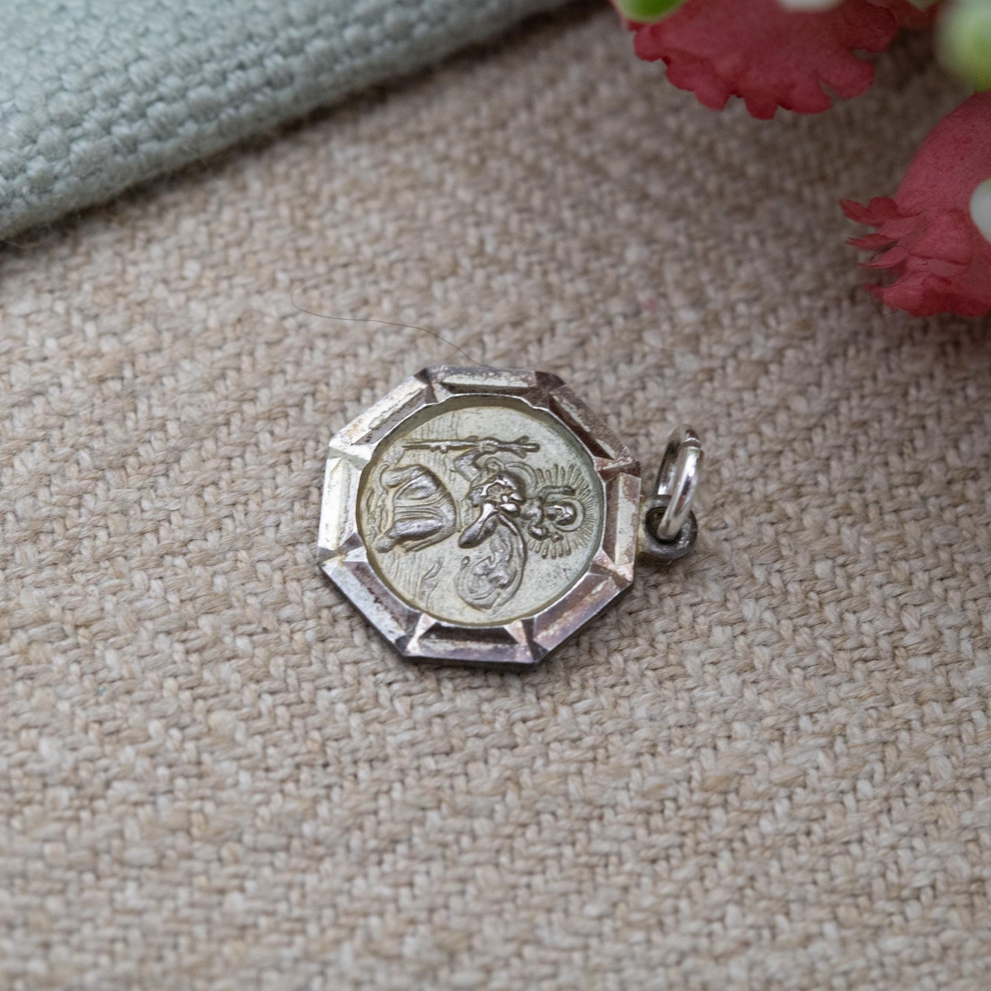 Vintage Georg Jensen Sterling Silver St. Christopher Pendant - Embossed Relief | Geometric Octagon Border | Saint of Travelling