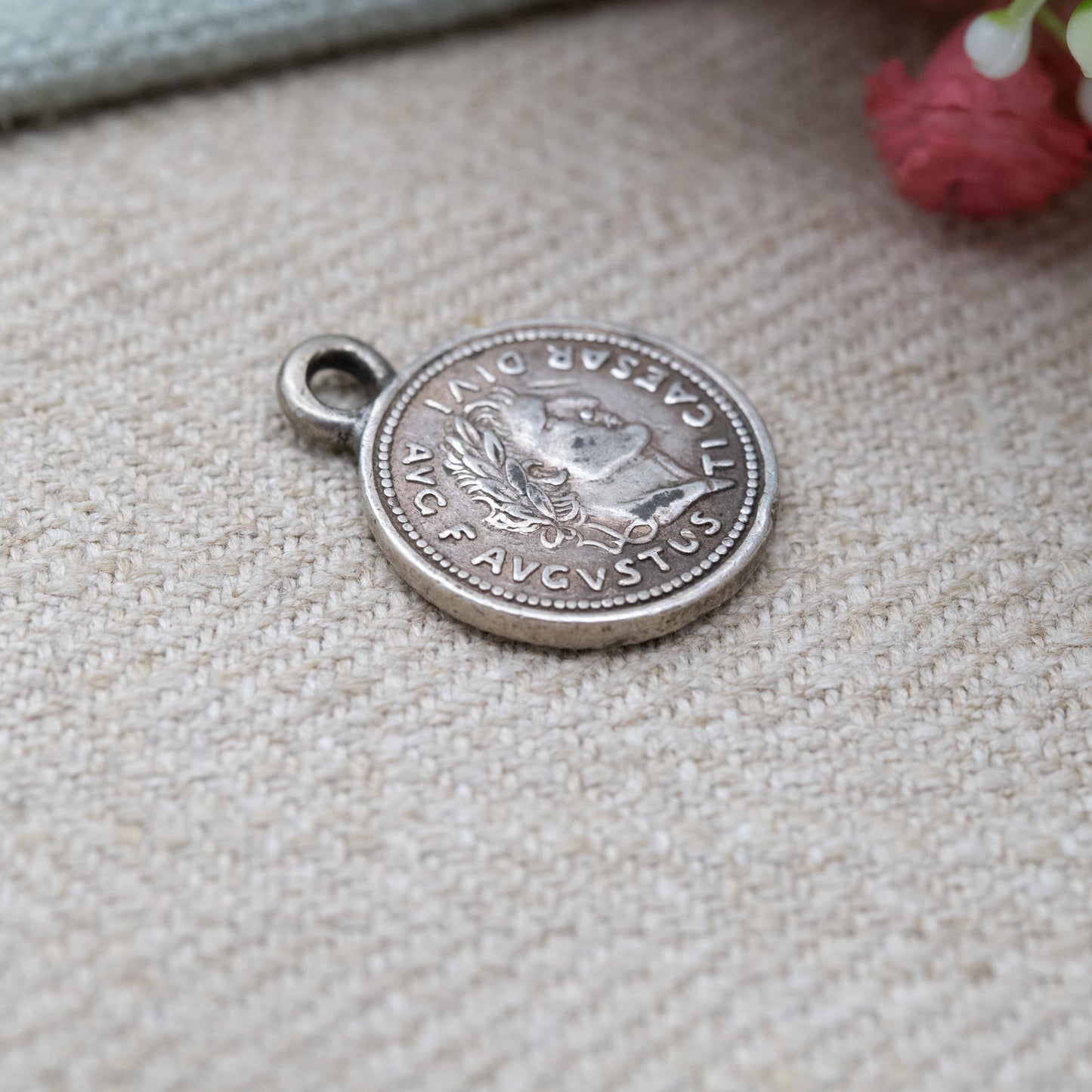 Vintage Silver Augustus Julius Caesar Coin Reproduction Pendant - Ancient Roman Maxim Pontif Charm | Italian Gift for Pendant Necklace